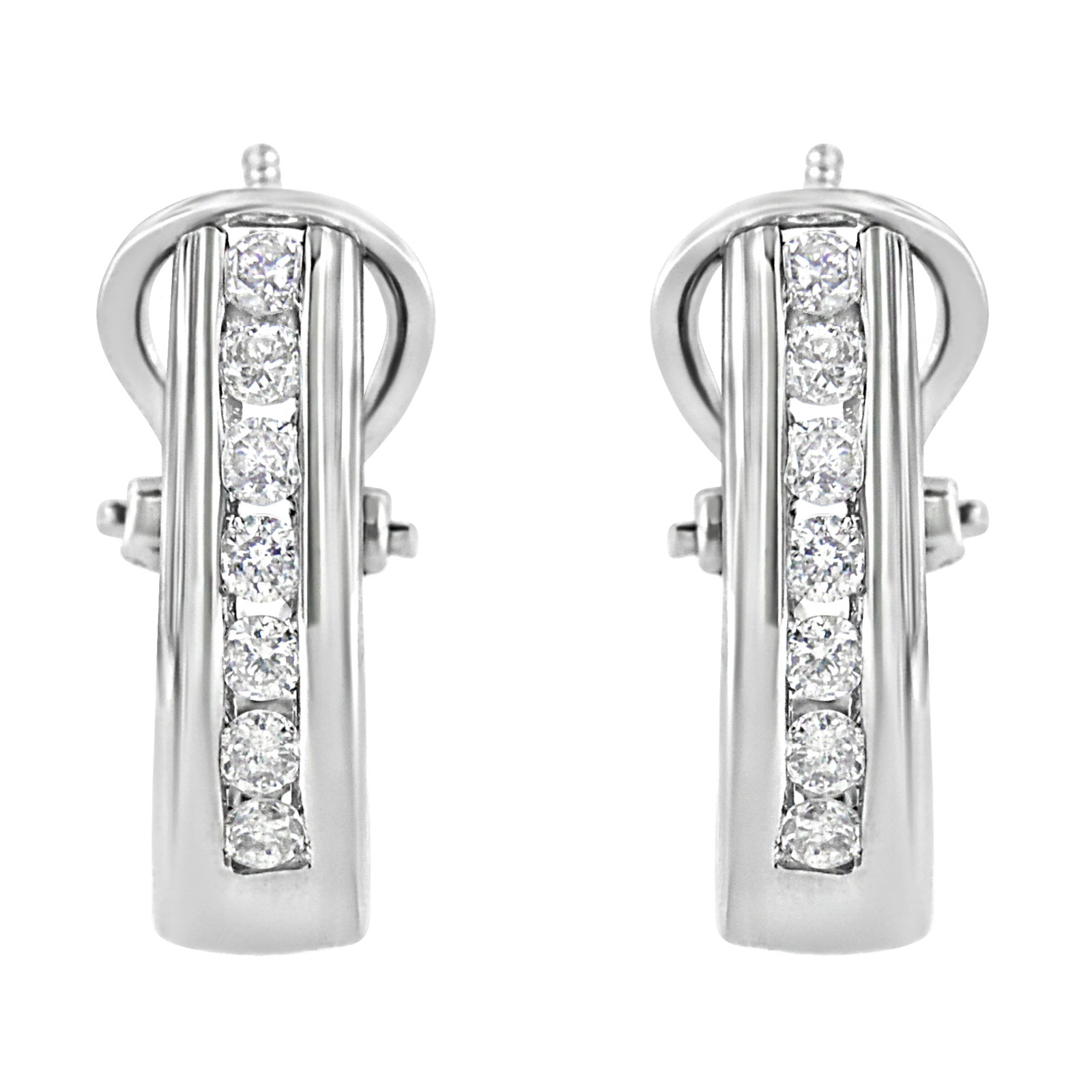 .925 Sterling Silver Channel Set 1/2 Cttw Lab Grown Round Diamond Omega Back Huggy Hoop Earrings - 2