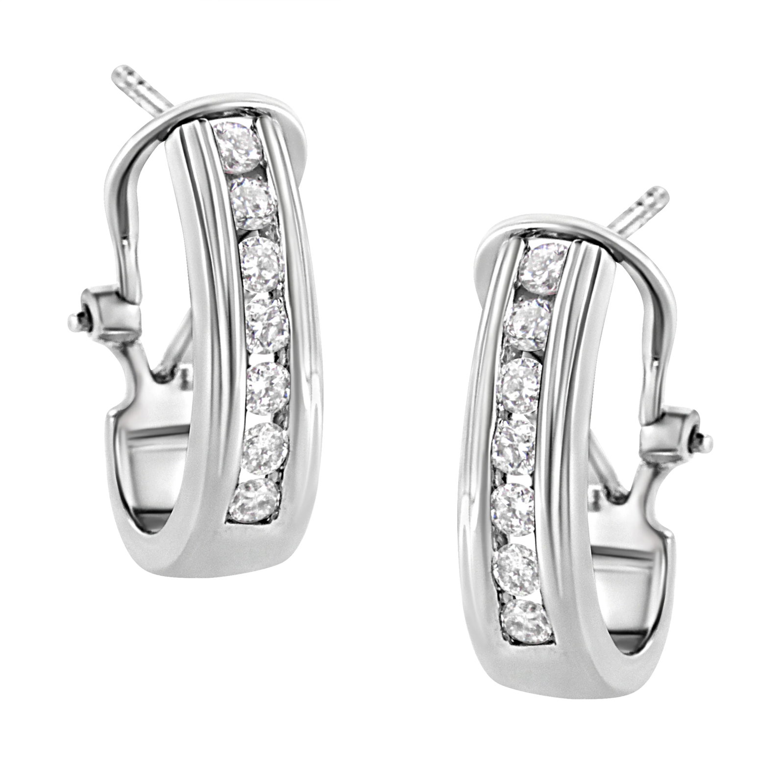 .925 Sterling Silver Channel Set 1/2 Cttw Lab Grown Round Diamond Omega Back Huggy Hoop Earrings - 3