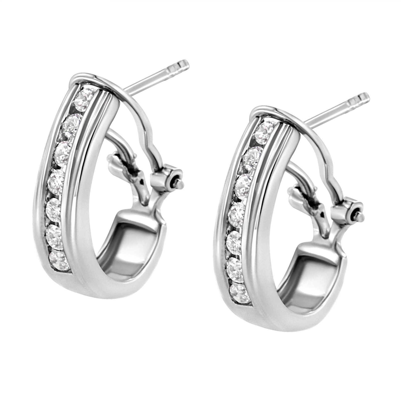 .925 Sterling Silver Channel Set 1/2 Cttw Lab Grown Round Diamond Omega Back Huggy Hoop Earrings - 4