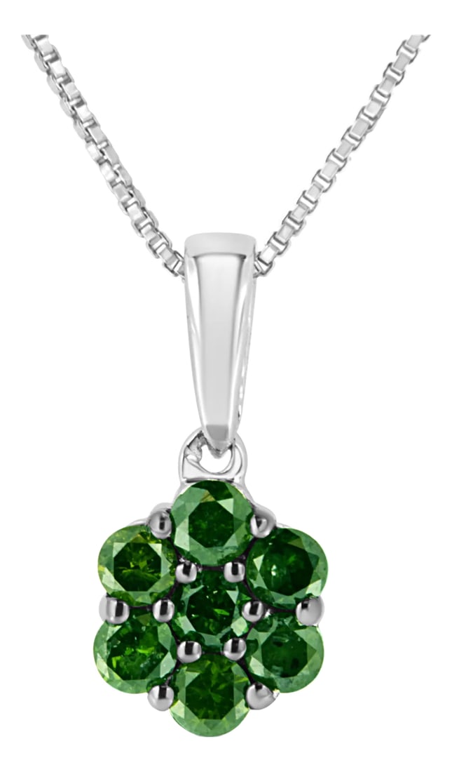 .925 Sterling Silver 1/2 Cttw Prong Set Treated Green Diamond Floral Cluster 18" Pendant Necklace (G: This gorgeous floral diamond cluster pendant will shine on your neck. Fashioned in the finest .925 sterling silver, this necklace gleams with 7 treated green diamonds in an elegant setting. The