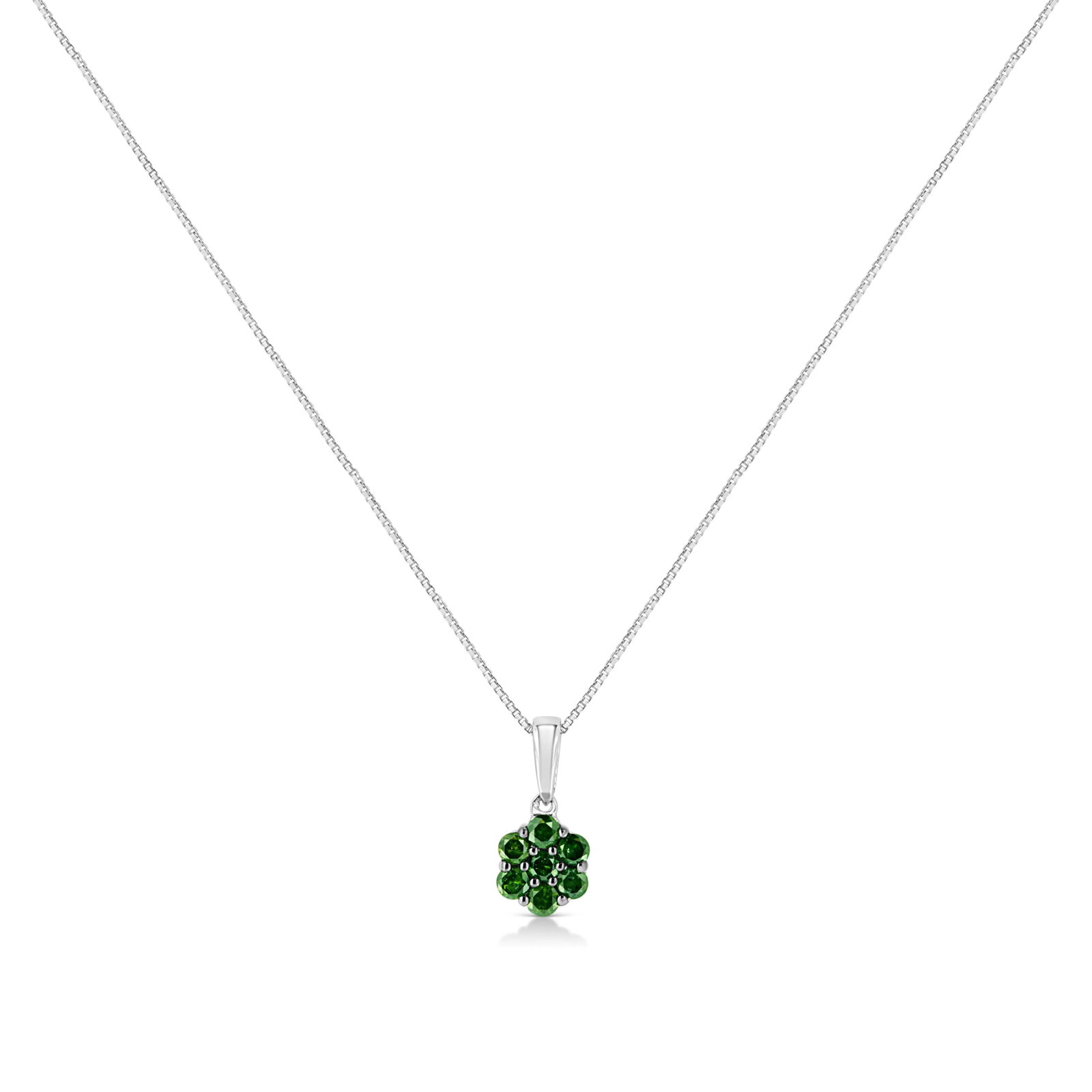 .925 Sterling Silver 1/2 Cttw Prong Set Treated Green Diamond Floral Cluster 18" Pendant Necklace (G - 2