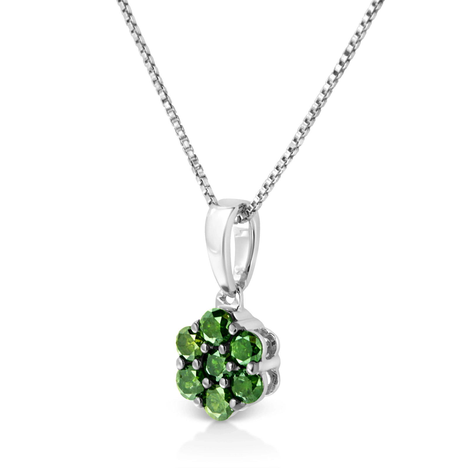 .925 Sterling Silver 1/2 Cttw Prong Set Treated Green Diamond Floral Cluster 18" Pendant Necklace (G - 3