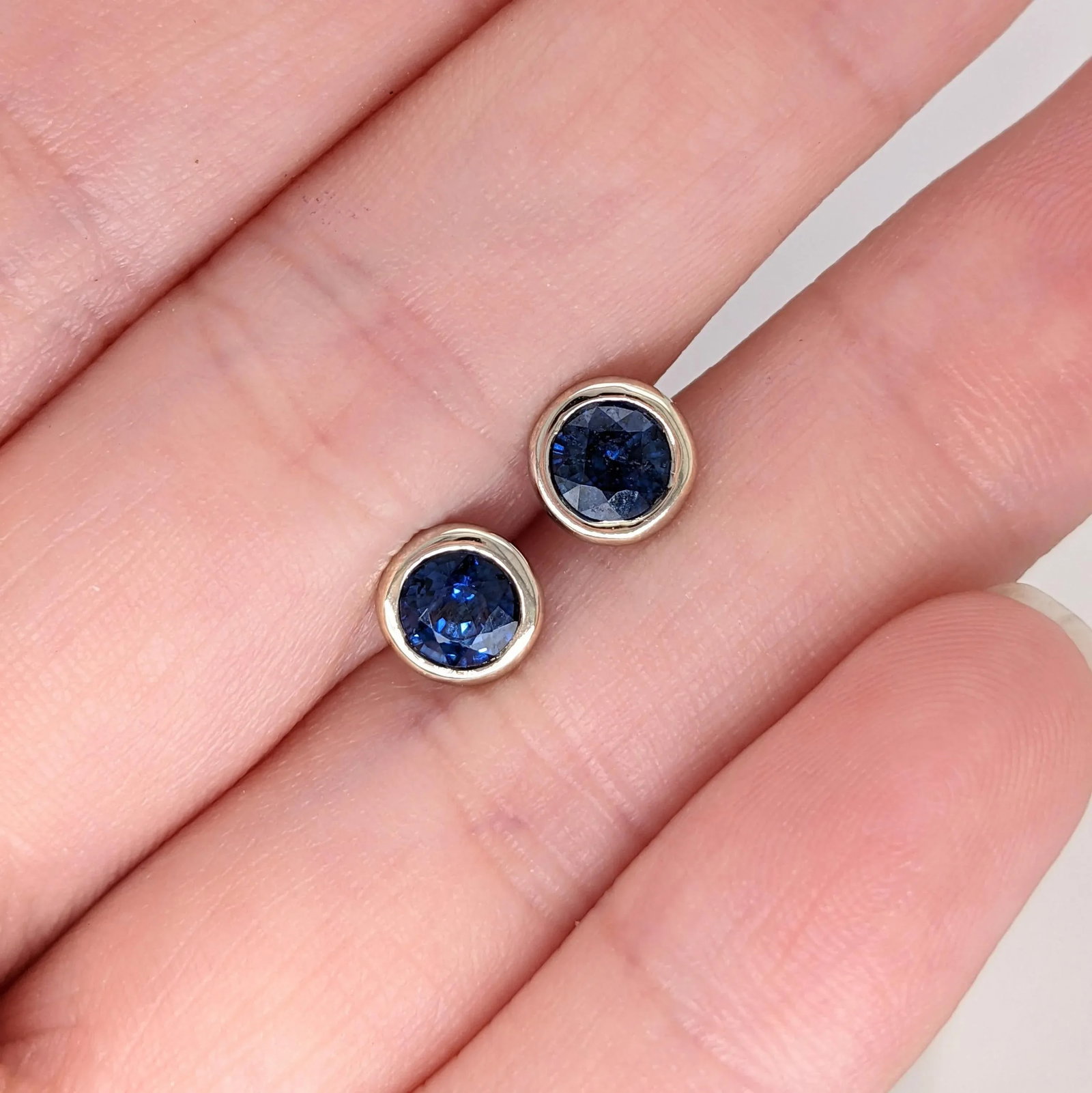 Blue Sapphire Bezel Set Solitaire Stud Earrings in Solid 14k Gold Round - 2 Pieces - 2