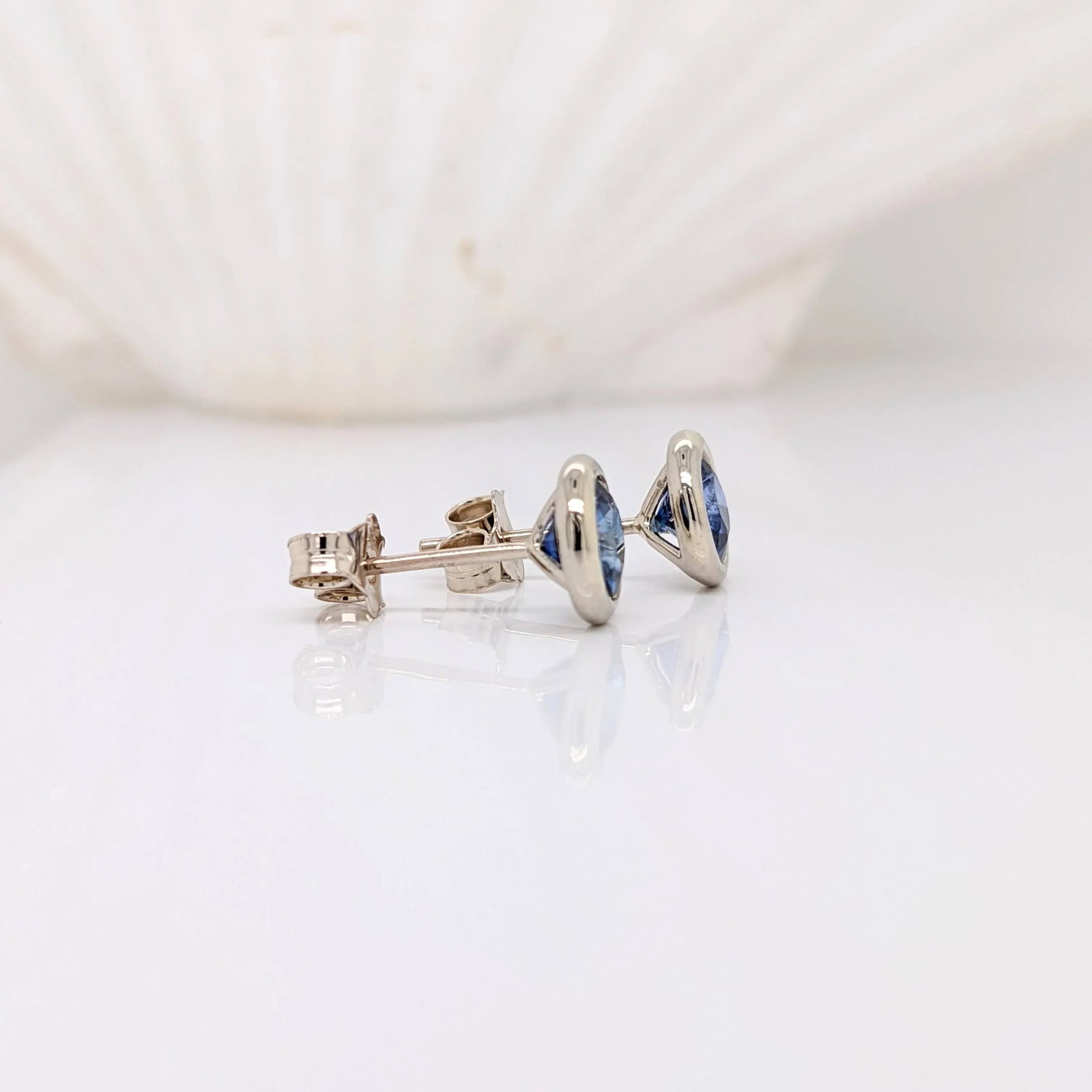 Blue Sapphire Bezel Set Solitaire Stud Earrings in Solid 14k Gold Round - 2 Pieces - 3