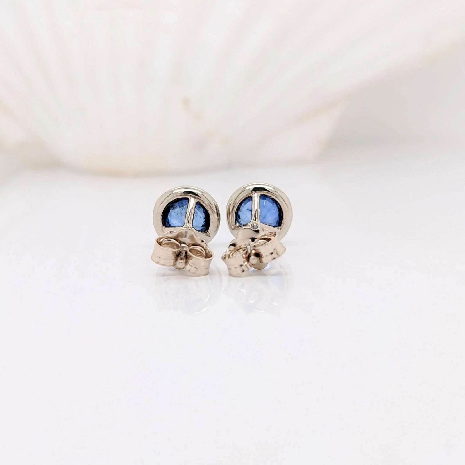 Blue Sapphire Bezel Set Solitaire Stud Earrings in Solid 14k Gold Round - 2 Pieces - 4