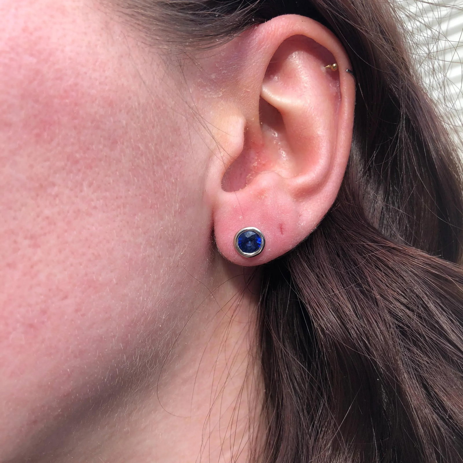 Blue Sapphire Bezel Set Solitaire Stud Earrings in Solid 14k Gold Round - 2 Pieces - 5