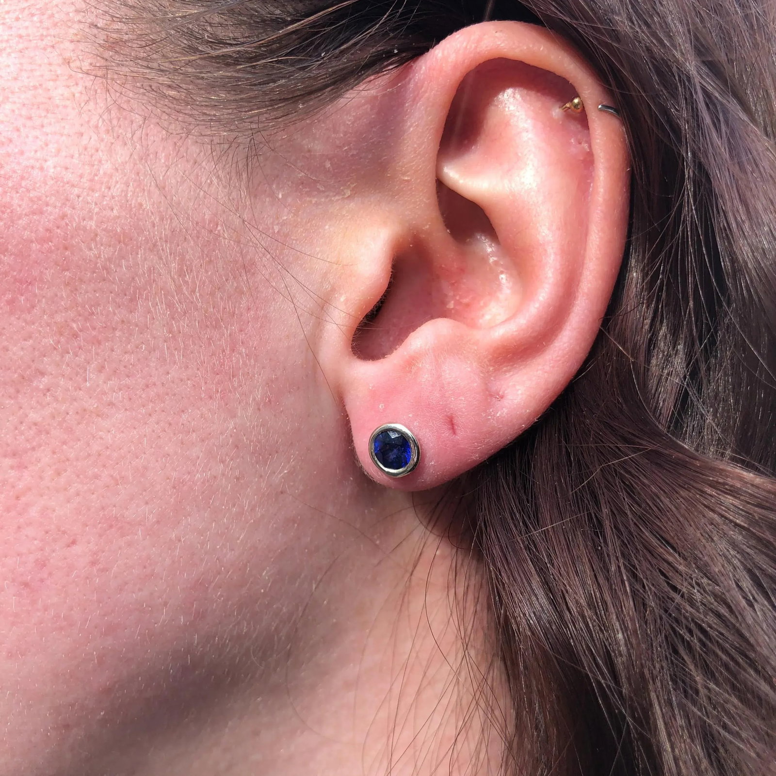 Blue Sapphire Bezel Set Solitaire Stud Earrings in Solid 14k Gold Round - 2 Pieces - 6
