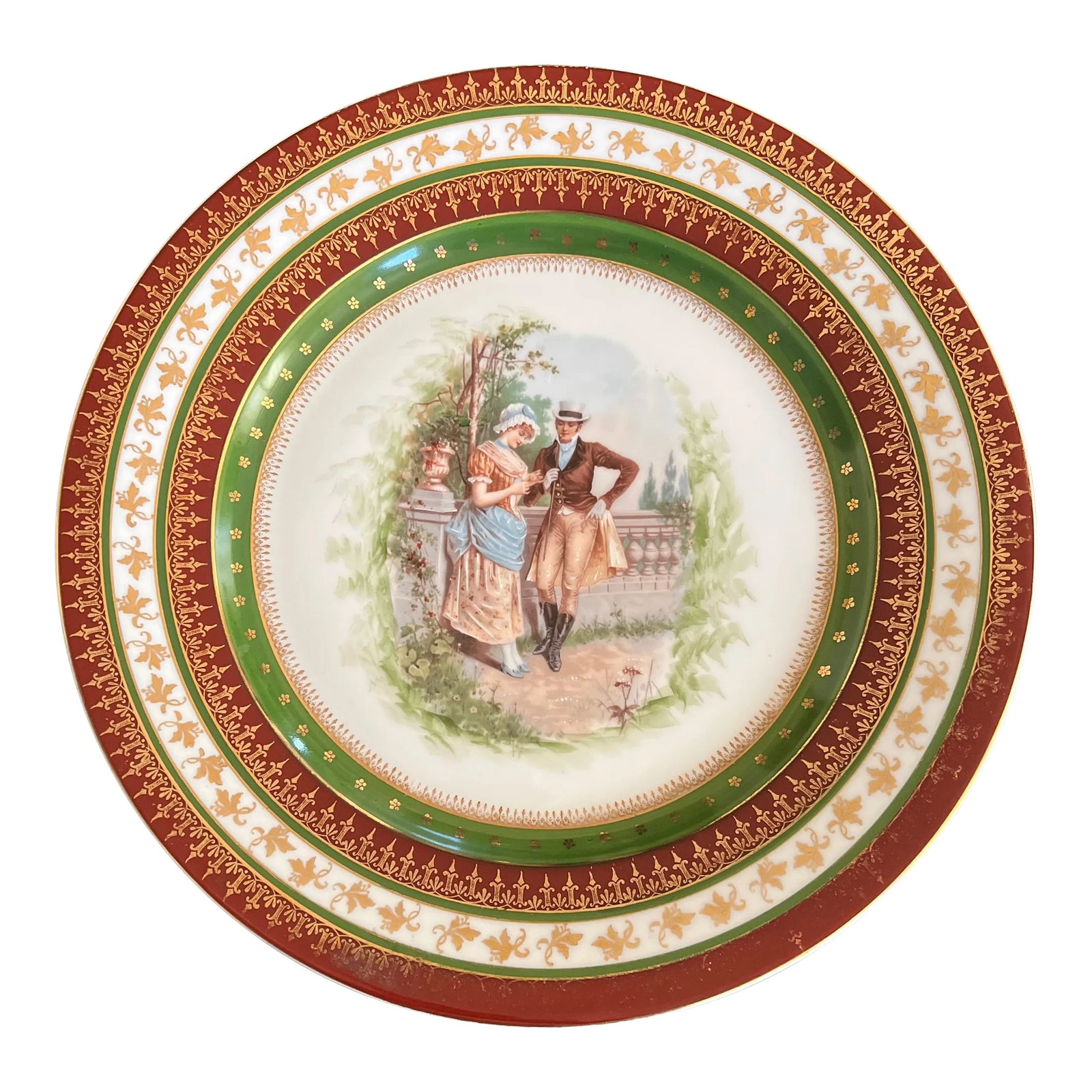 Antique Vienna Cabinet Plate Features Courting Couple: Antique Vienna Cabinet Plate - beautiful scene of a courting couple - measures 13.5" diameter; 1.5" height - backstamped Vienna with a green crown; numbered 958 in red and impressed with 1401 - great 