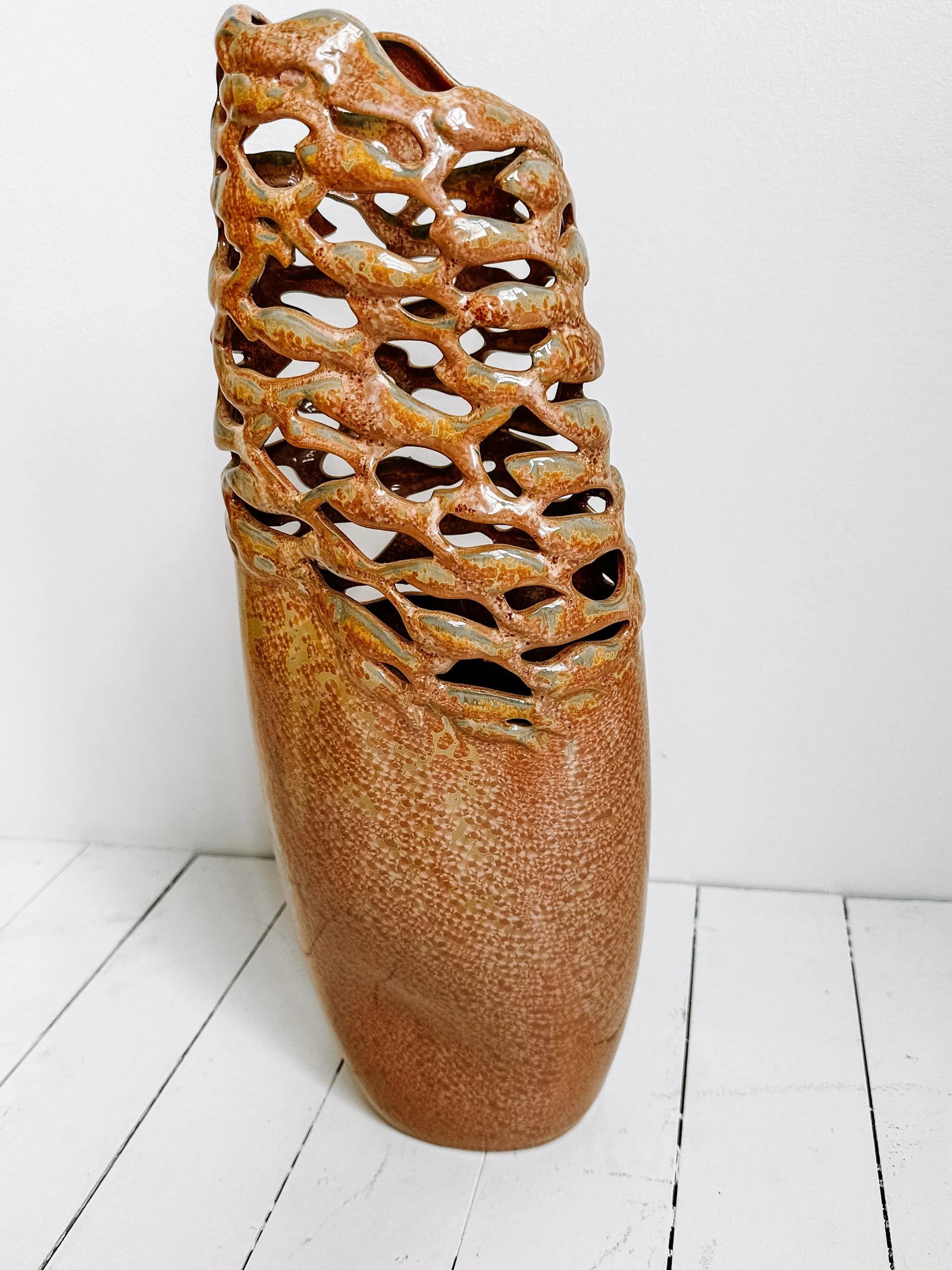 Vintage Studio Pottery Crystallized Porcelain Vase in Taupe and Moss Green - 3