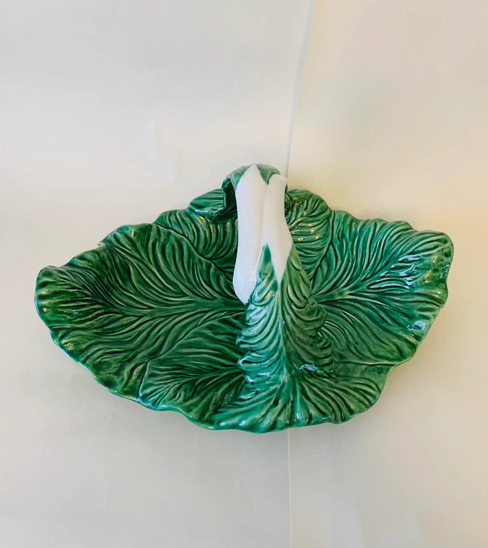 Vintage Rare Bordallo Pinheiro Large Majolica Cabbageware Serving Platter With Handle Centerpiece - 2