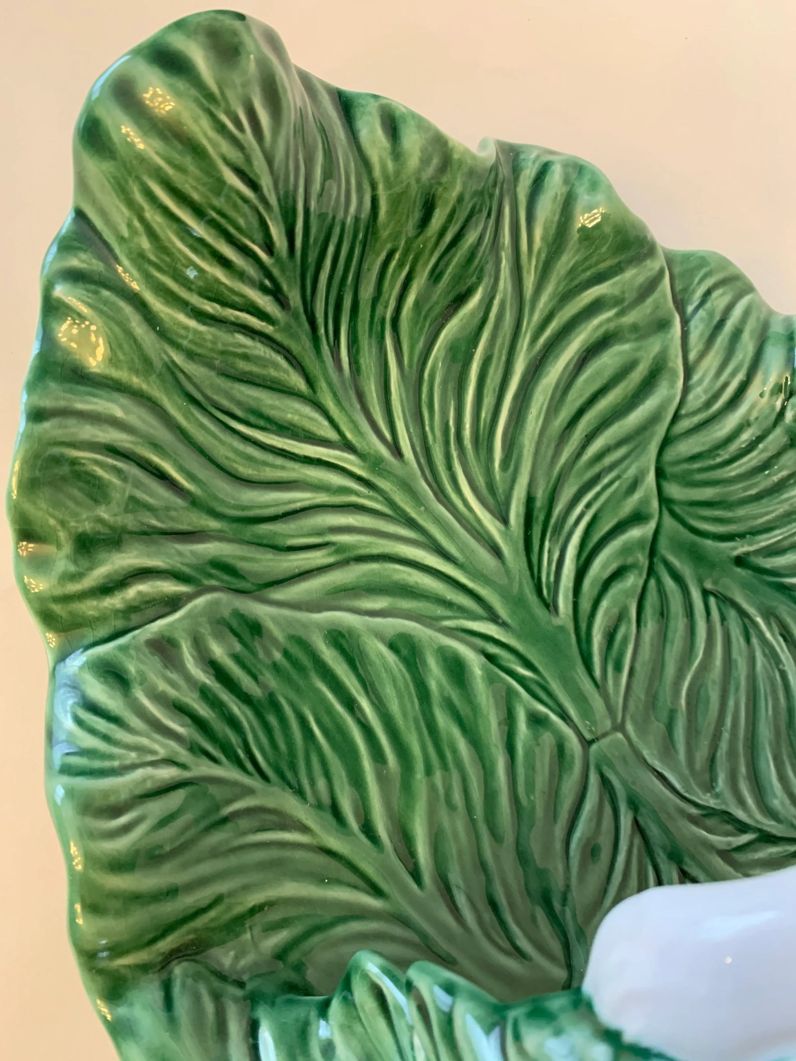 Vintage Rare Bordallo Pinheiro Large Majolica Cabbageware Serving Platter With Handle Centerpiece - 6