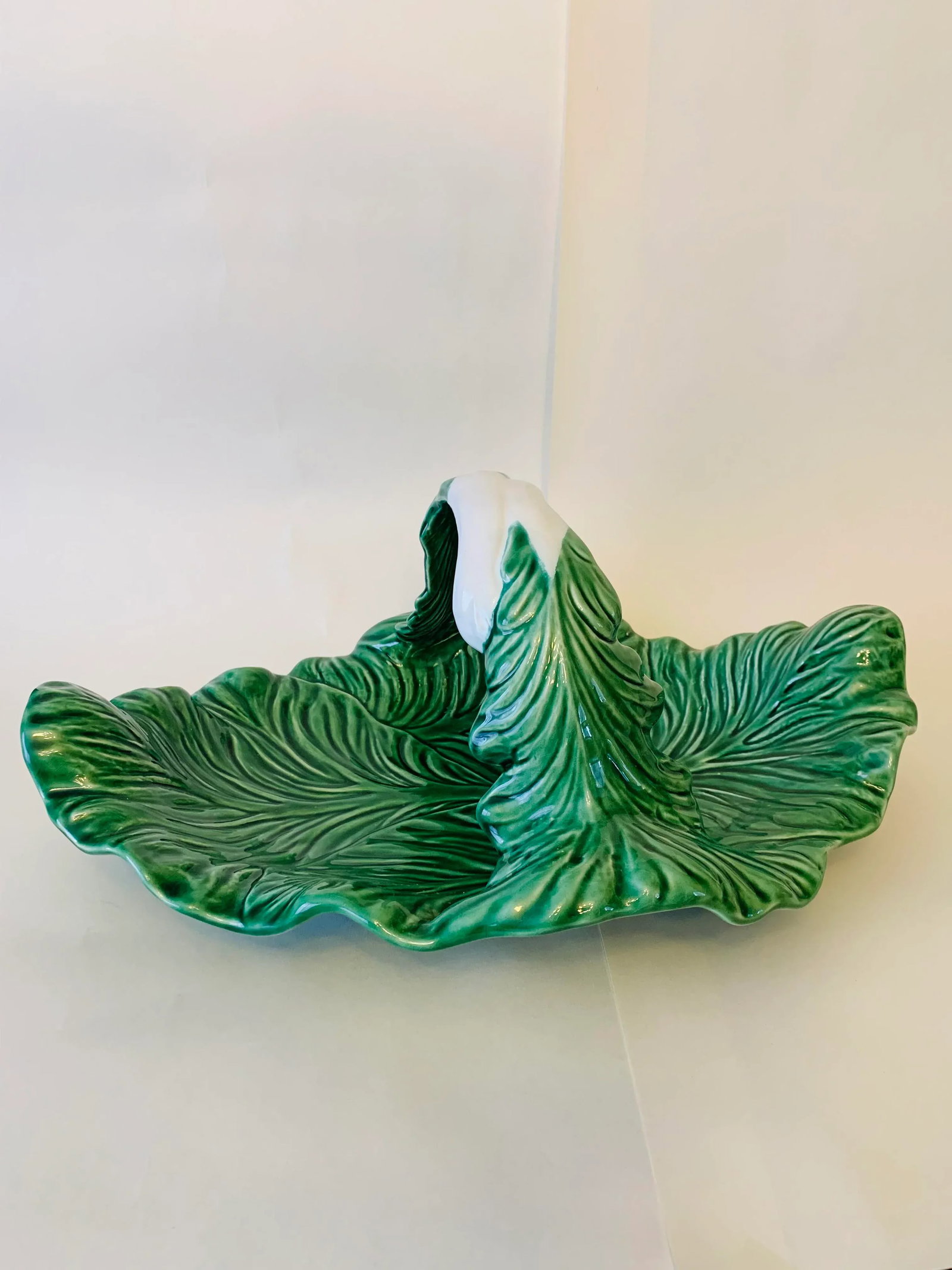Vintage Rare Bordallo Pinheiro Large Majolica Cabbageware Serving Platter With Handle Centerpiece - 7