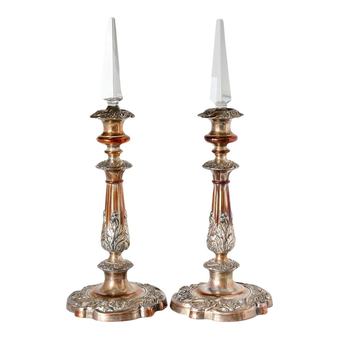 Mid 19th Century Sheffield Candlesticks with Crystal Lustres- a Pair: Illuminate your space with these antique Sheffield candlesticks, adorned with crystal lustres (removable, a beautiful way to display when not in use with candles). With every polish over countless yea