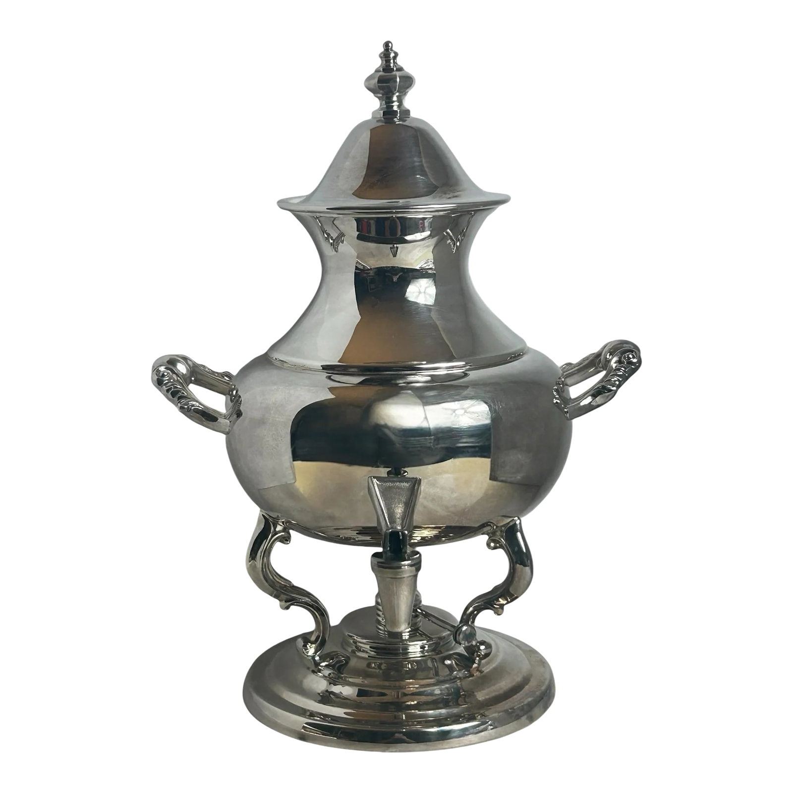 Vintage Tea Urn Primrose Silver Plate Coffee Hot Water Beverage Dispenser: Vintage Tea Urn Primrose Canada Silver Plate For Tea, Coffee, Hot Water Beverage Dispenser with Burner to keep warm/hot. Approximate Measurements: 15" high 11" wide including handles 10.5" deep