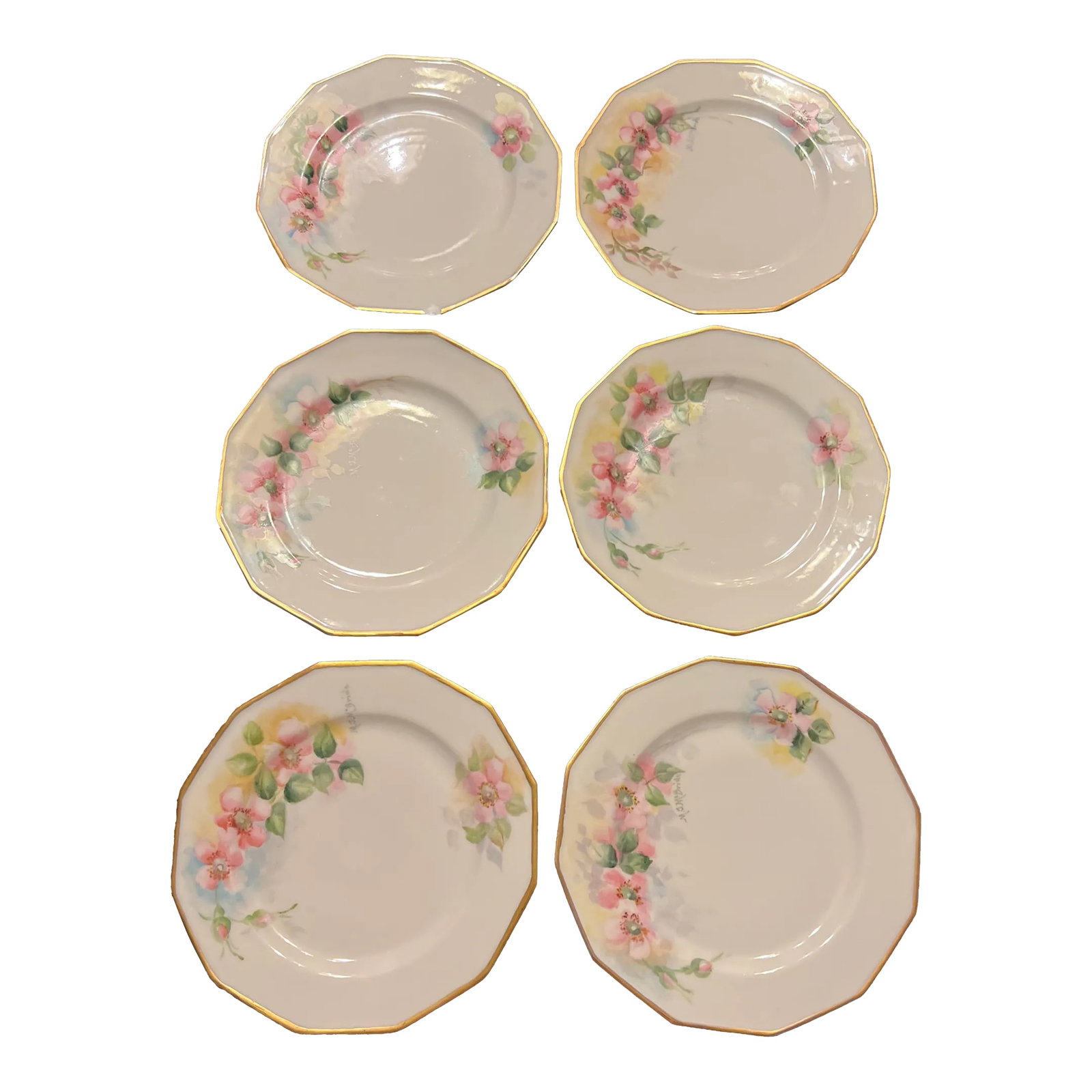 1920s Antique Hand Painted Limoges 12 Sided Dessert Plates- Set of 6: 12 sided plates by Limoges France features: - set of six - each individually handpainted with a delicate spray of flowers in hues of pink and green - each plate signed by artist - each plate is 12