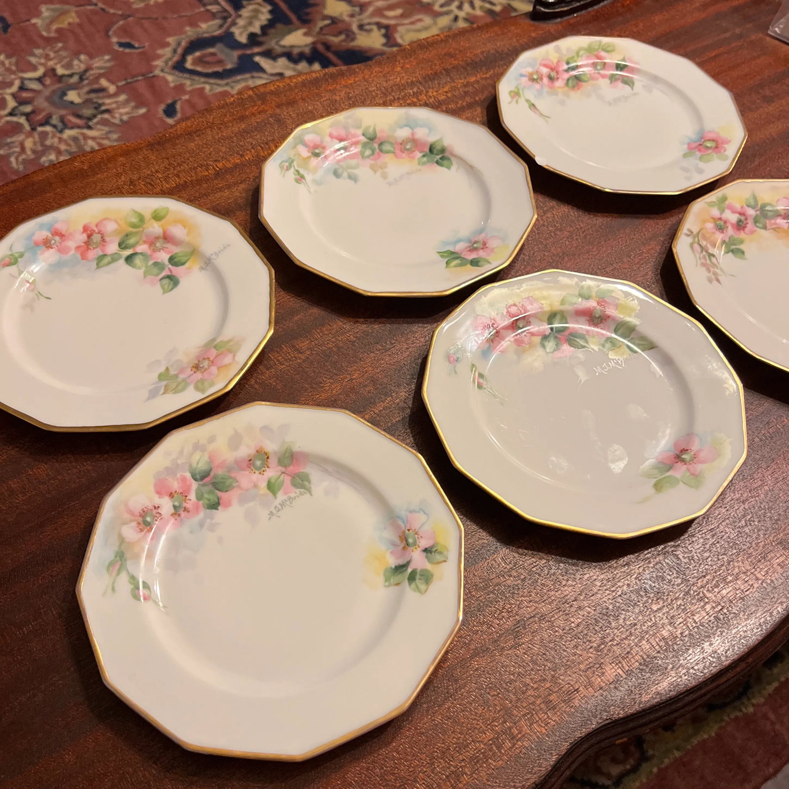 1920s Antique Hand Painted Limoges 12 Sided Dessert Plates- Set of 6 - 2