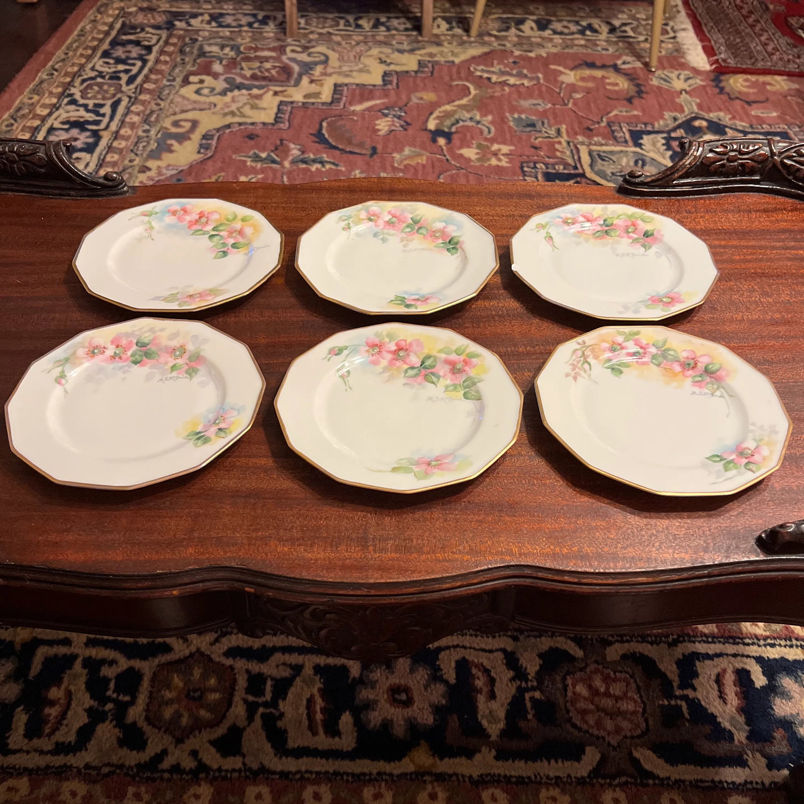 1920s Antique Hand Painted Limoges 12 Sided Dessert Plates- Set of 6 - 3
