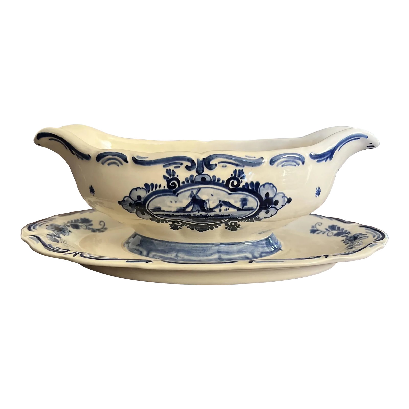 Vintage Hand Painted Delft Blue Gravy Boat, Signed: Hand Painted Delft Blue Gravy Boat Features: - made in Holland - signed as pictured on base - beautifully handpainted design - measures 8.75" x 5.5" x 3.25" height - clean and ready to use perfect