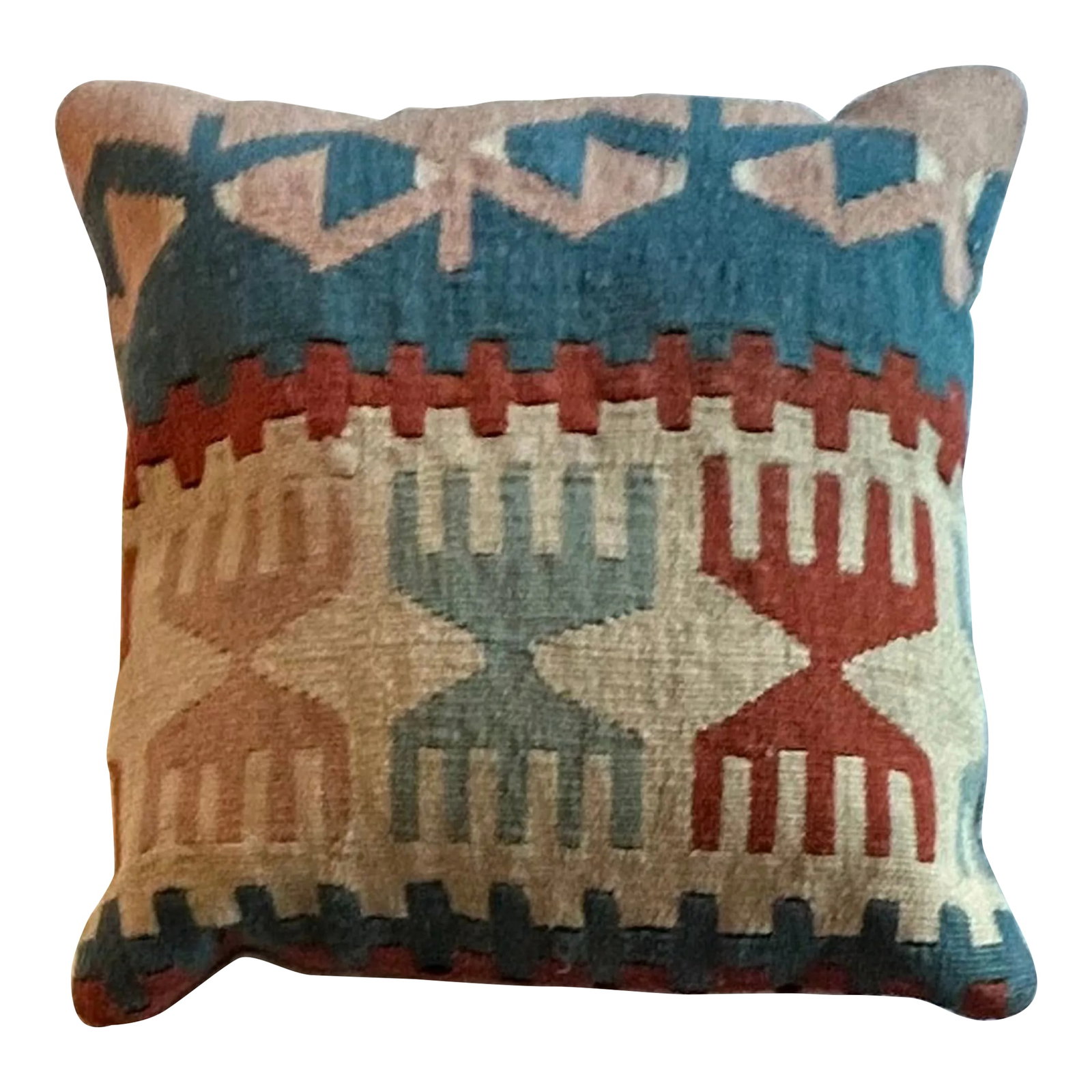 Wool Kilim Decorative Pillow: This hand made decorative pillow cover in a color palette of soft grey, pink, and terra cotta with pops of blue and neutrals. Graphic shapes (reminiscent of Turkish Kilims, and tribal prints) is what