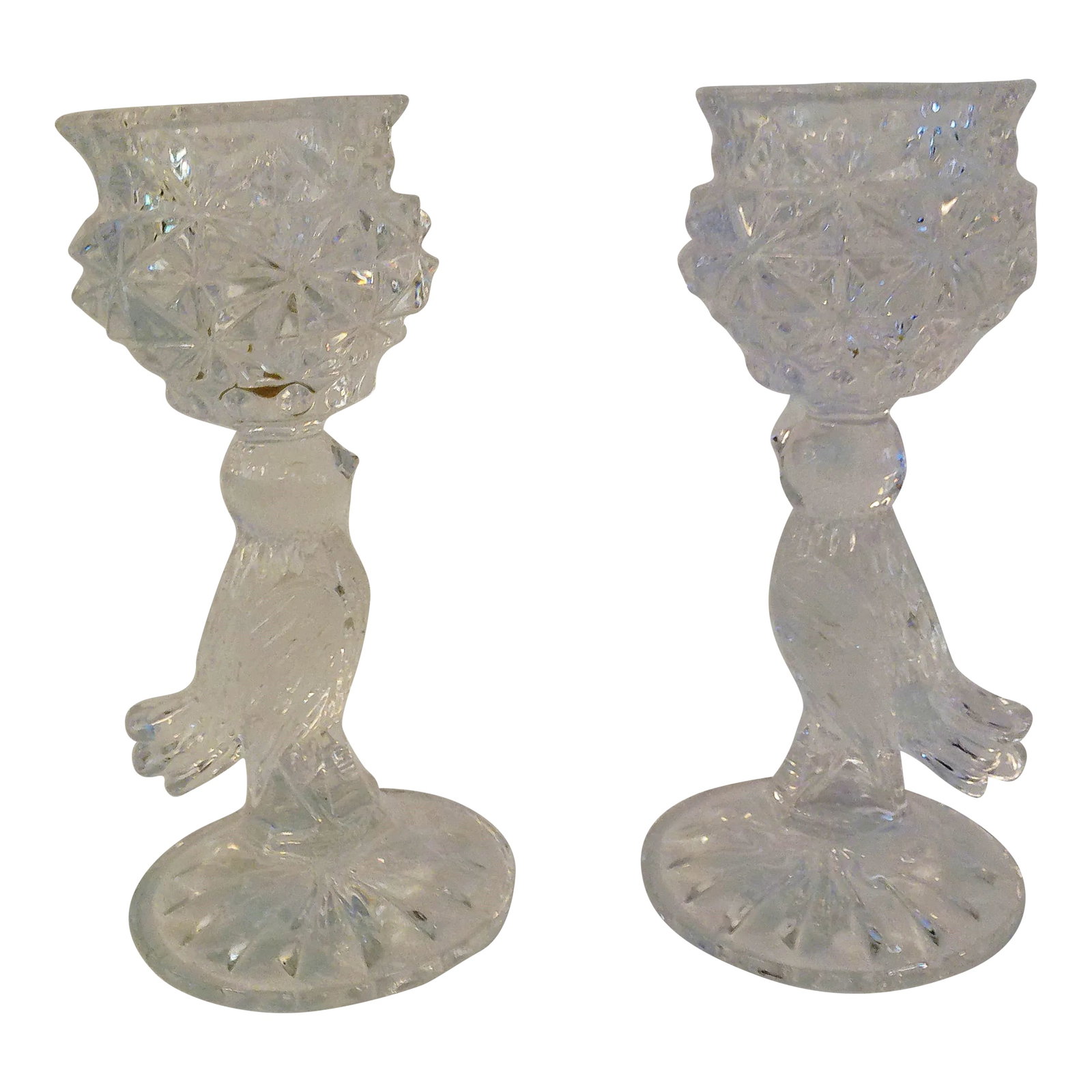 1970s German Hofbauer Crystal Bird Candle Holders, a Pair: Gorgeous pair of vintage German Hofbauer crystal candle holders in a figural bird motif. Beautiful detail with etched wings. Each holds one votive candle, (perhaps can hold a taper candle depending