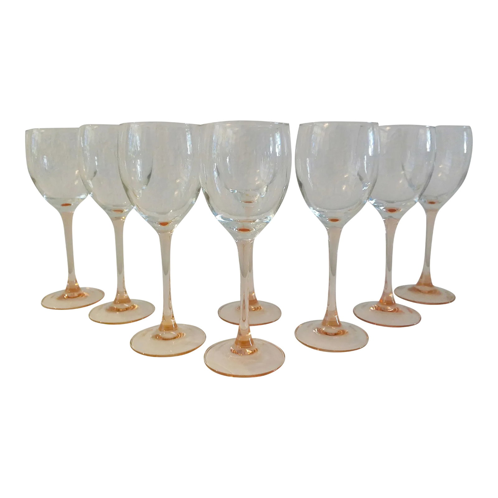 Vintage Pink Stemmed Crystal Wine Glasses. Set of 8: Lovely set of eight vintage long pink stemmed crystal wine glasses with clear bowls. Each glass holds 6 ounces. Excellent condition. Condition: Alterations: Original Condition Unaltered