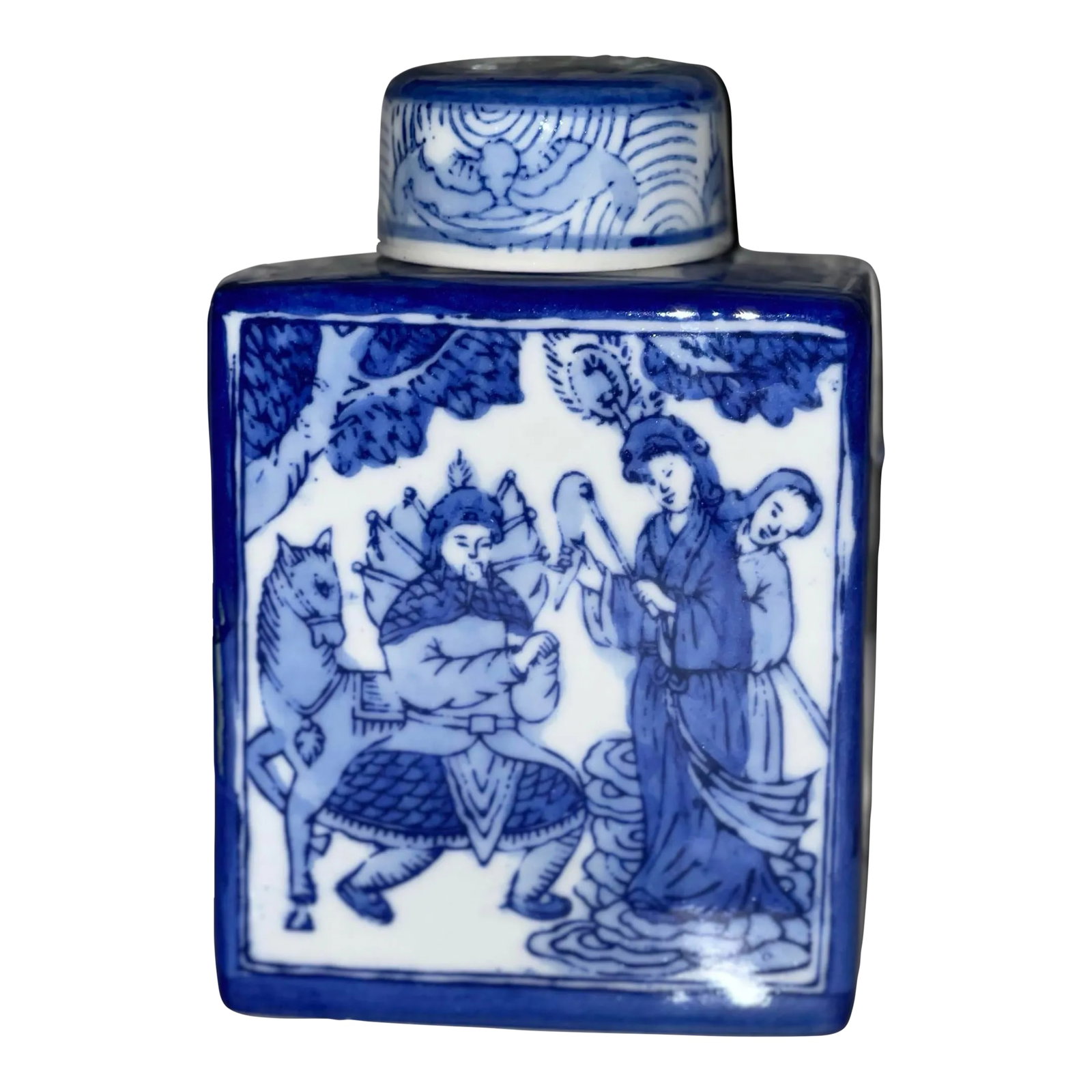 Early 20th Century Antique Chinese Export Porcelain Tea Caddy: Antique Chinese Export, Porcelain Tea Caddie Blue and White with Personages, early 20th Century. Hand-painted, no markings Vintage blue and white Chinese Export porcelain tea caddy depicting figures a