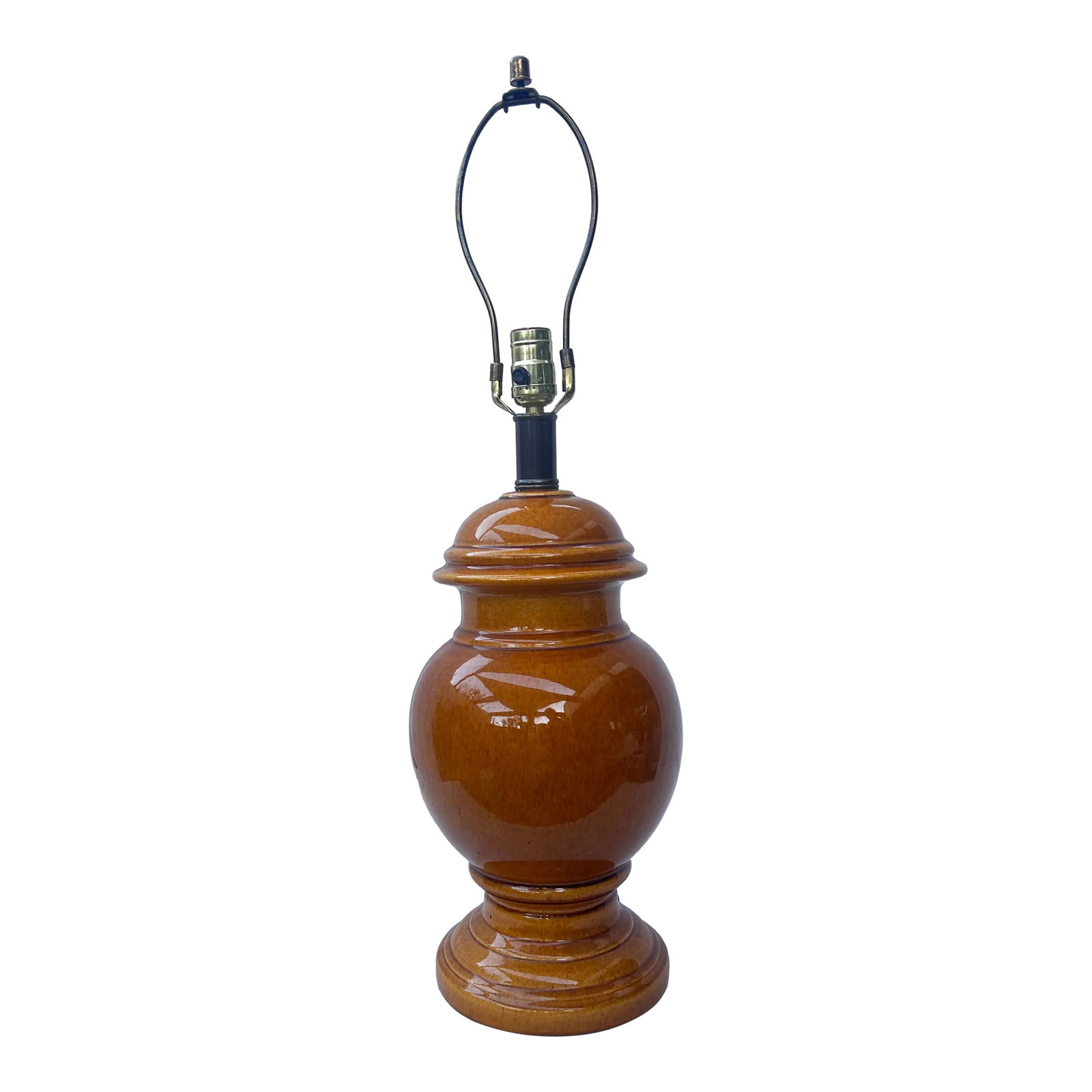 1970's Chinoiserie Chic Large Ceramic Ginger Jar Table Lamp: A rich caramel glaze adds a striking finish to this large traditional ginger jar shaped ceramic table lamp. PS: If you purchase more than one item, we COMBINE SHIP whenever possible to save you