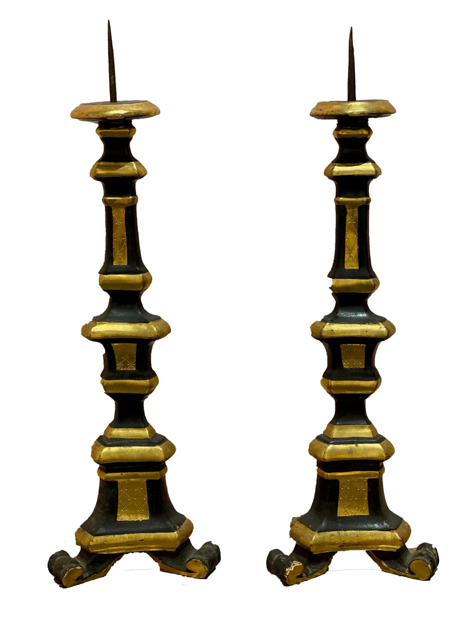 19th Century Italian Black and Gilt Candlesticks - a Pair: Pair of black and gilt Italian candlesticks. In black with gilt decoration throughout. Condition: Alterations: Original Condition Unaltered Imperfections: Some Imperfections Condition Notes: Excellent