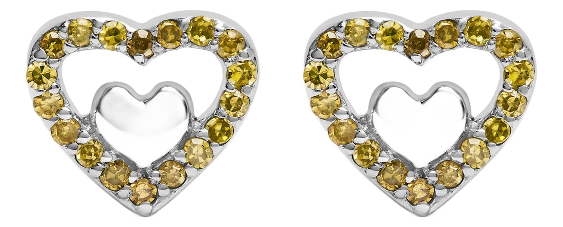 925 Sterling Silver 1/6 Cttw Yellow Diamond Open Double Heart Stud Earrings (Treated Yellow Color, I: Indulge in the radiant charm of these 925 Sterling Silver Open Double Heart Stud Earrings. Crafted with utmost precision, these earrings feature a stunning array of 36 round yellow diamonds, totaling