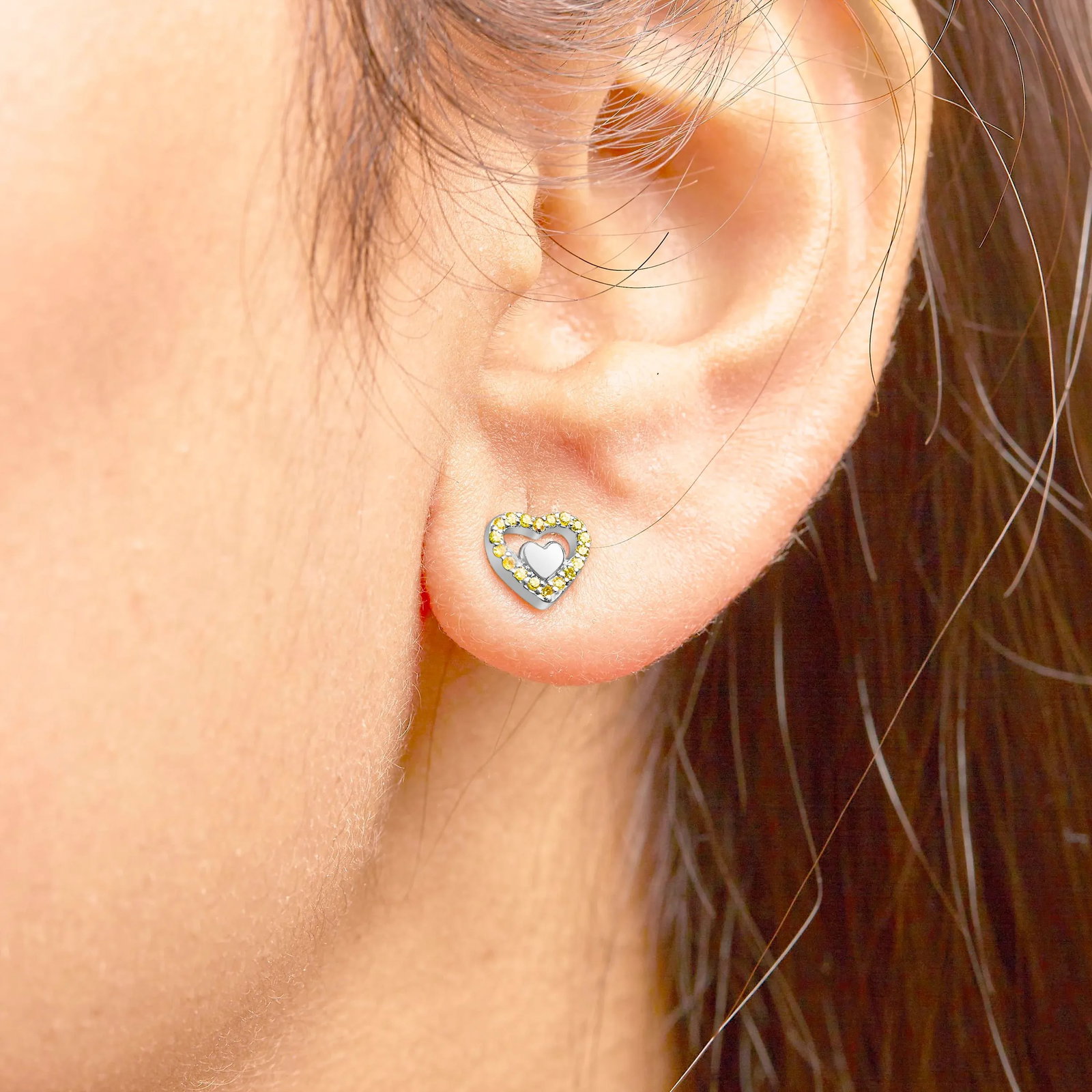 925 Sterling Silver 1/6 Cttw Yellow Diamond Open Double Heart Stud Earrings (Treated Yellow Color, I - 4