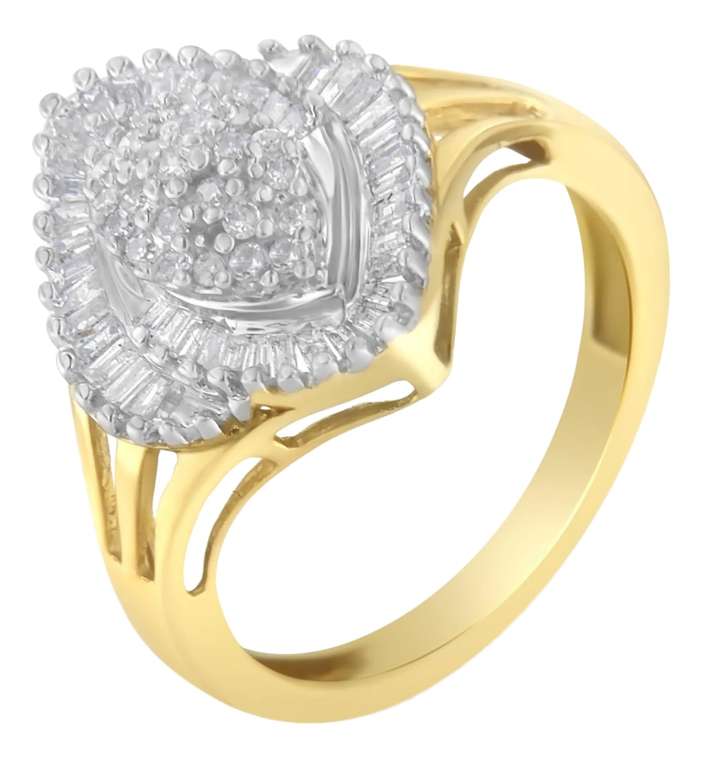 10K Yellow Gold Diamond Cocktail Ring (1/2 Cttw, J-K Color, I2-I3 Clarity) - Size 8 EVS1010: A diamond cocktail ring that sparkles with a central marquise-shaped cluster of round brilliant cut diamonds surrounded by a halo of baguette diamonds. The band is crafted in elegant 10 karat yellow
