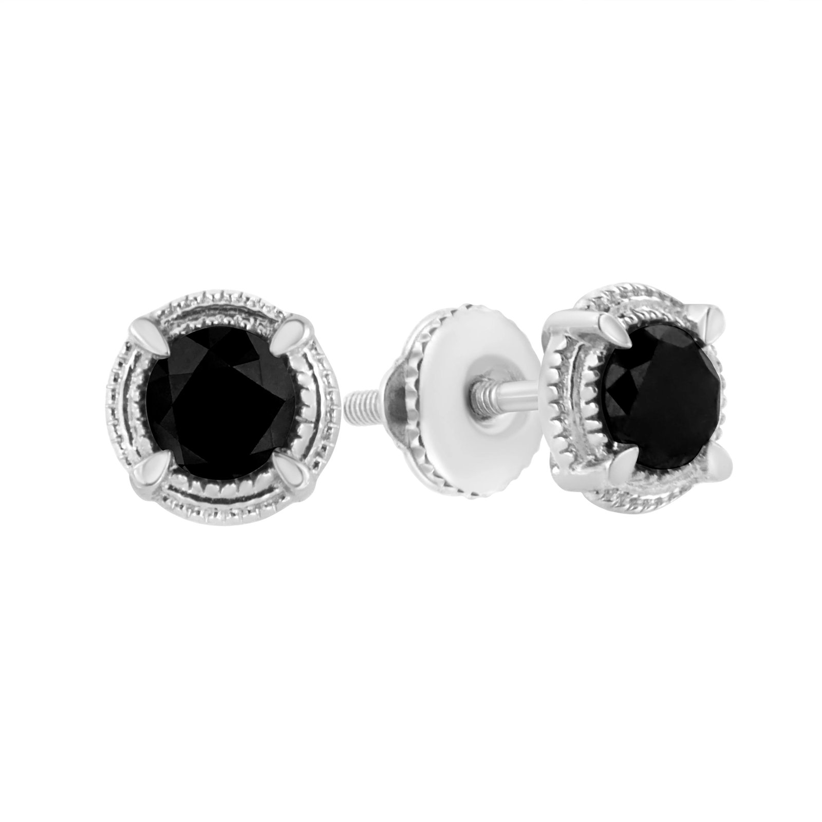 .925 Sterling Silver 1 1/4 cttw Treated Black Diamond Modern 4-Prong Solitaire Milgrain Stud Earring - 3
