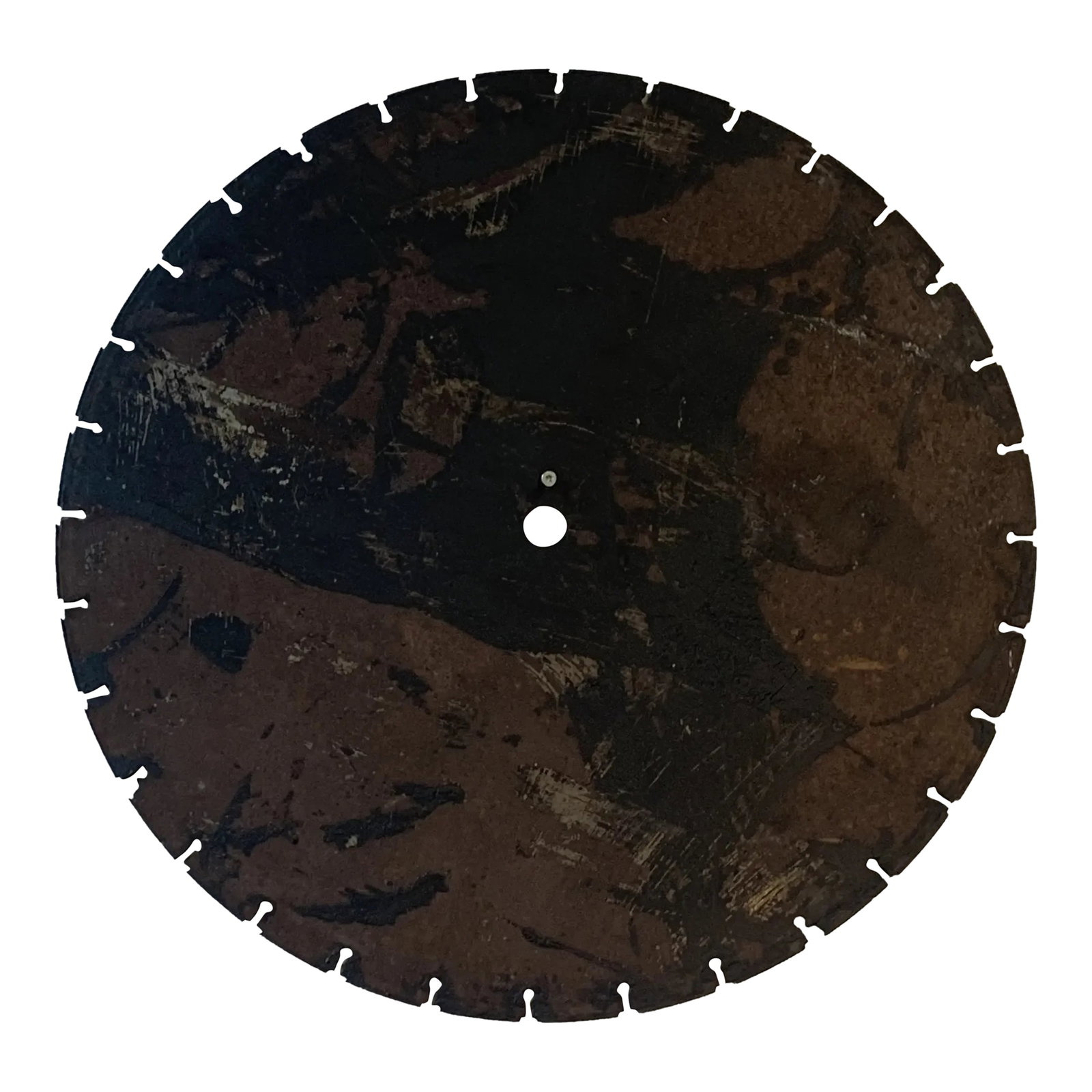 1970s Rustic Metal Sculptural Wall Art: The piece is a striking and mysterious work of art, a circular, flat sculpture with an intriguing history. At first glance, it appears as if time itself has carved its mark into the object. The