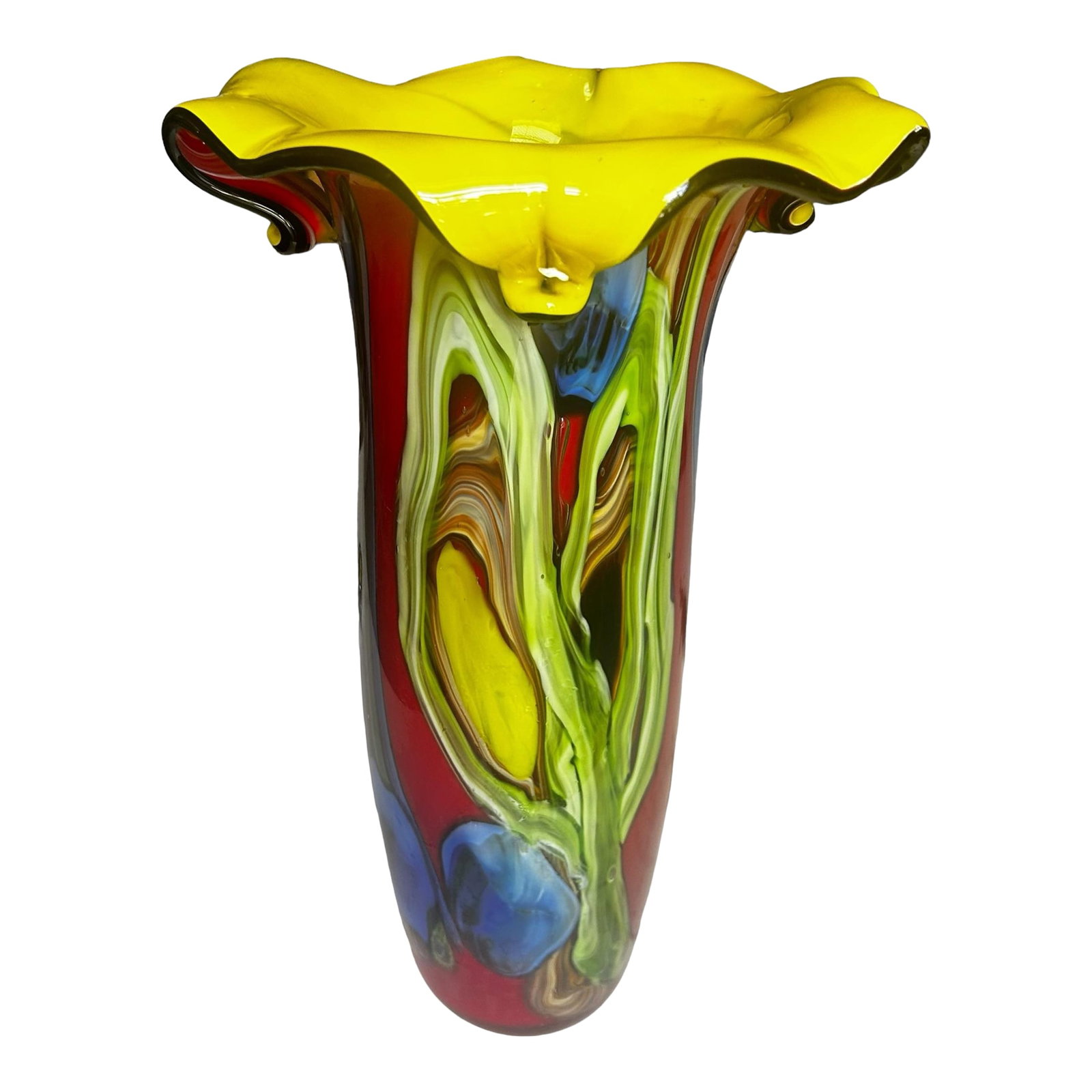 Murano Colorful Cased Floral Studio Art Glass Vase: Murano Cased Abstract Floral Studio Art Glass Vase by Salvadore Studio. Flower Petal Top. Unsigned 14.5"H 8" Across Top Base 4" Condition: Alterations: Original Condition Unaltered Imperfections: