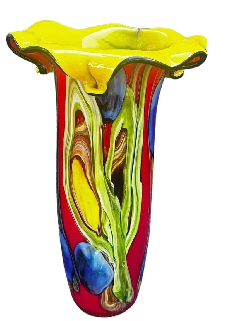 Murano Colorful Cased Floral Studio Art Glass Vase - 6