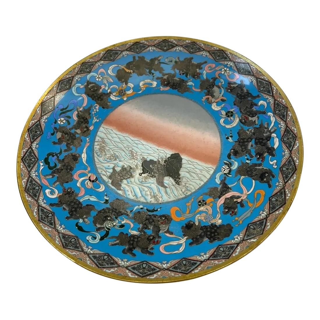 Antique Japanese Meiji Period Cloisonne Charger With Shishi Lion Dogs and Turtle With Hairy Tails: The introduction of beautiful cloisonne objects from Japan was greatly affected by the 1854 treaty signed between Commodore Perry and the Japanese authorities which opened trade between the two