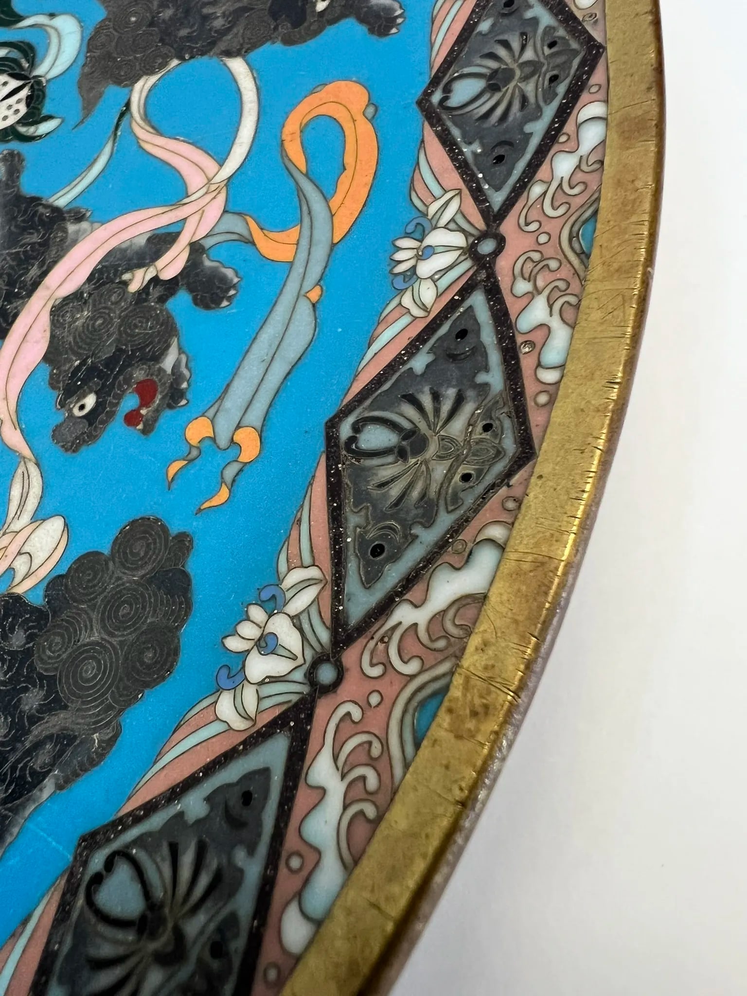 Antique Japanese Meiji Period Cloisonne Charger With Shishi Lion Dogs and Turtle With Hairy Tails - 9
