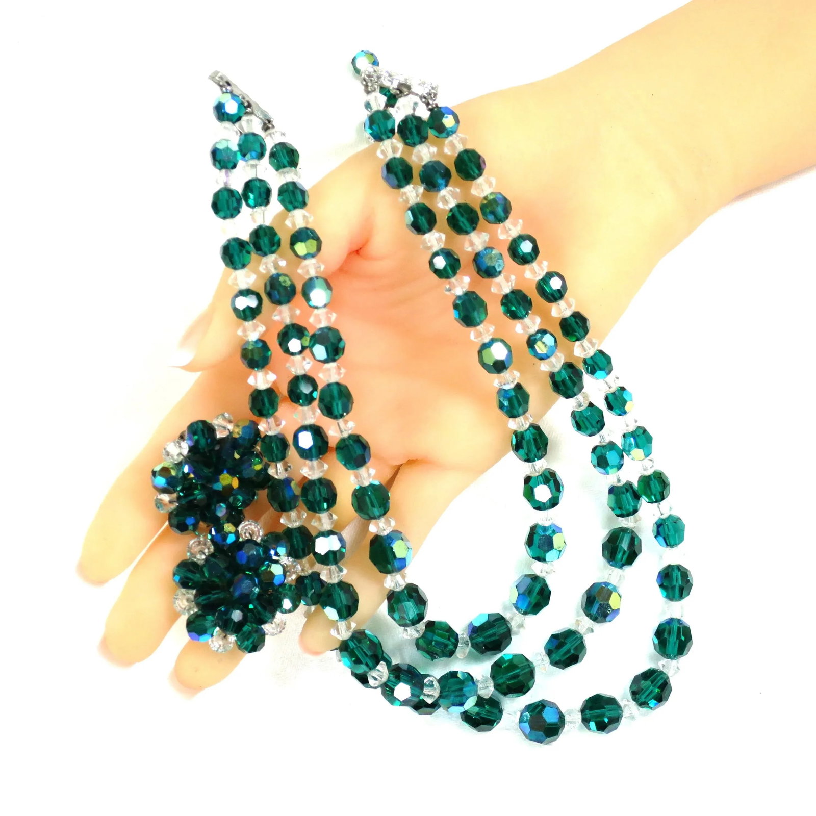 Vintage 1950s Emerald Crystal Beaded Necklace Set - 4 Pieces - 11