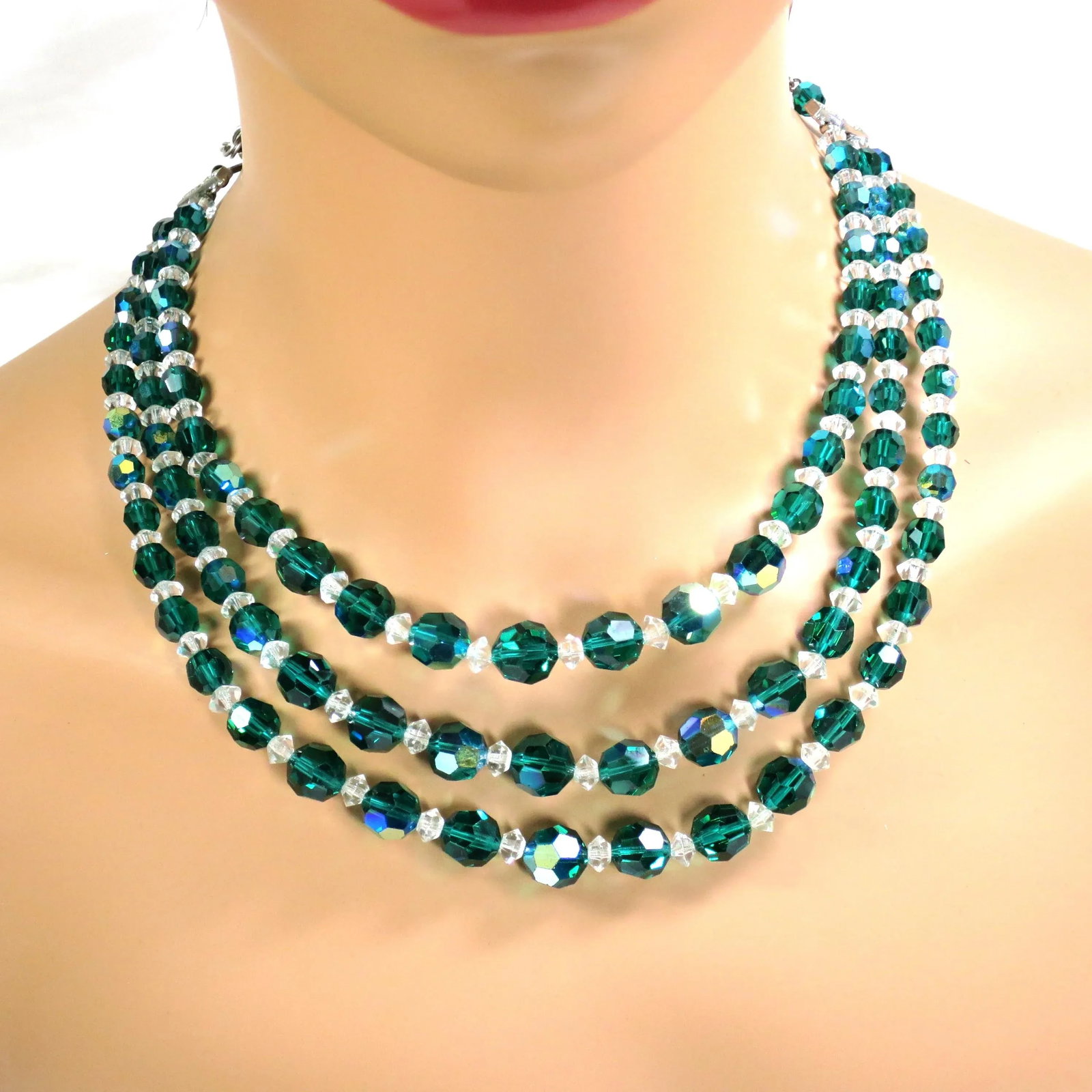 Vintage 1950s Emerald Crystal Beaded Necklace Set - 4 Pieces - 2