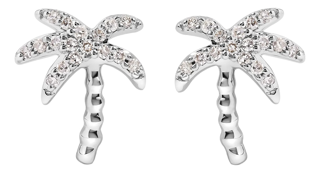 10K White Gold 1/10 Cttw Diamond Encrusted Palm Tree Stud Earrings (H-I Color, I1-I2 Clarity): Indulge in the ethereal beauty of nature with our exquisite 10K White Gold Palm Tree Stud Earrings. Adorned with a dazzling array of 34 natural round diamonds, these earrings offer a total weight of