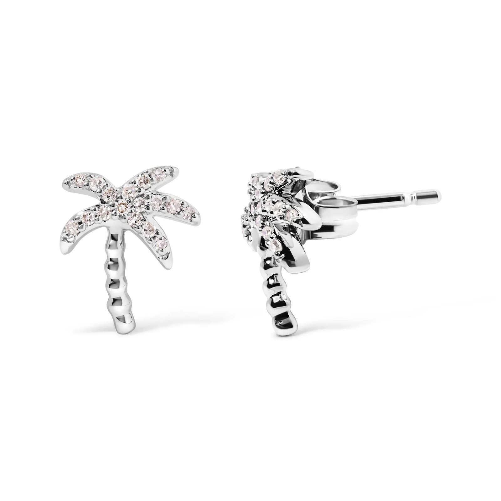 10K White Gold 1/10 Cttw Diamond Encrusted Palm Tree Stud Earrings (H-I Color, I1-I2 Clarity) - 2