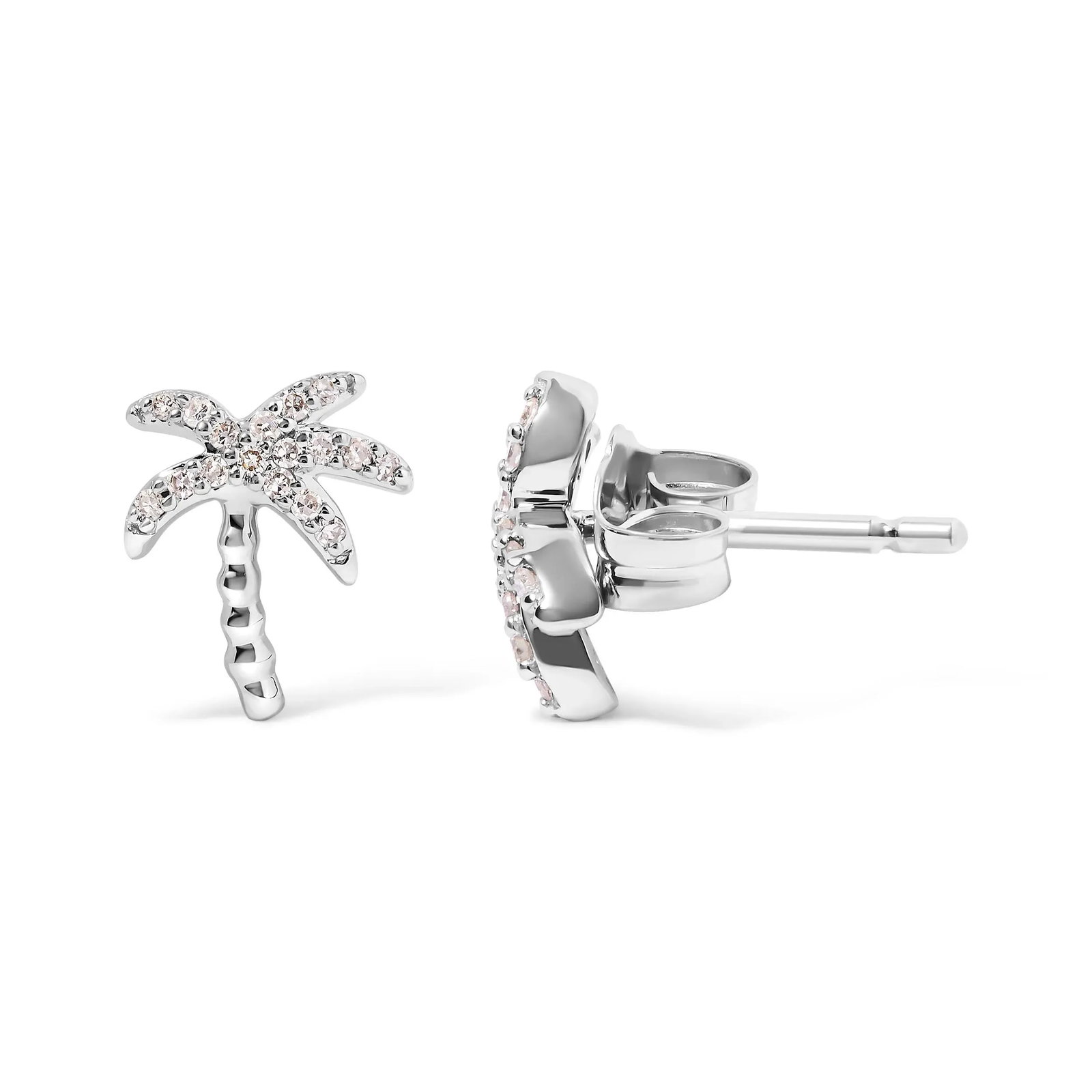 10K White Gold 1/10 Cttw Diamond Encrusted Palm Tree Stud Earrings (H-I Color, I1-I2 Clarity) - 3
