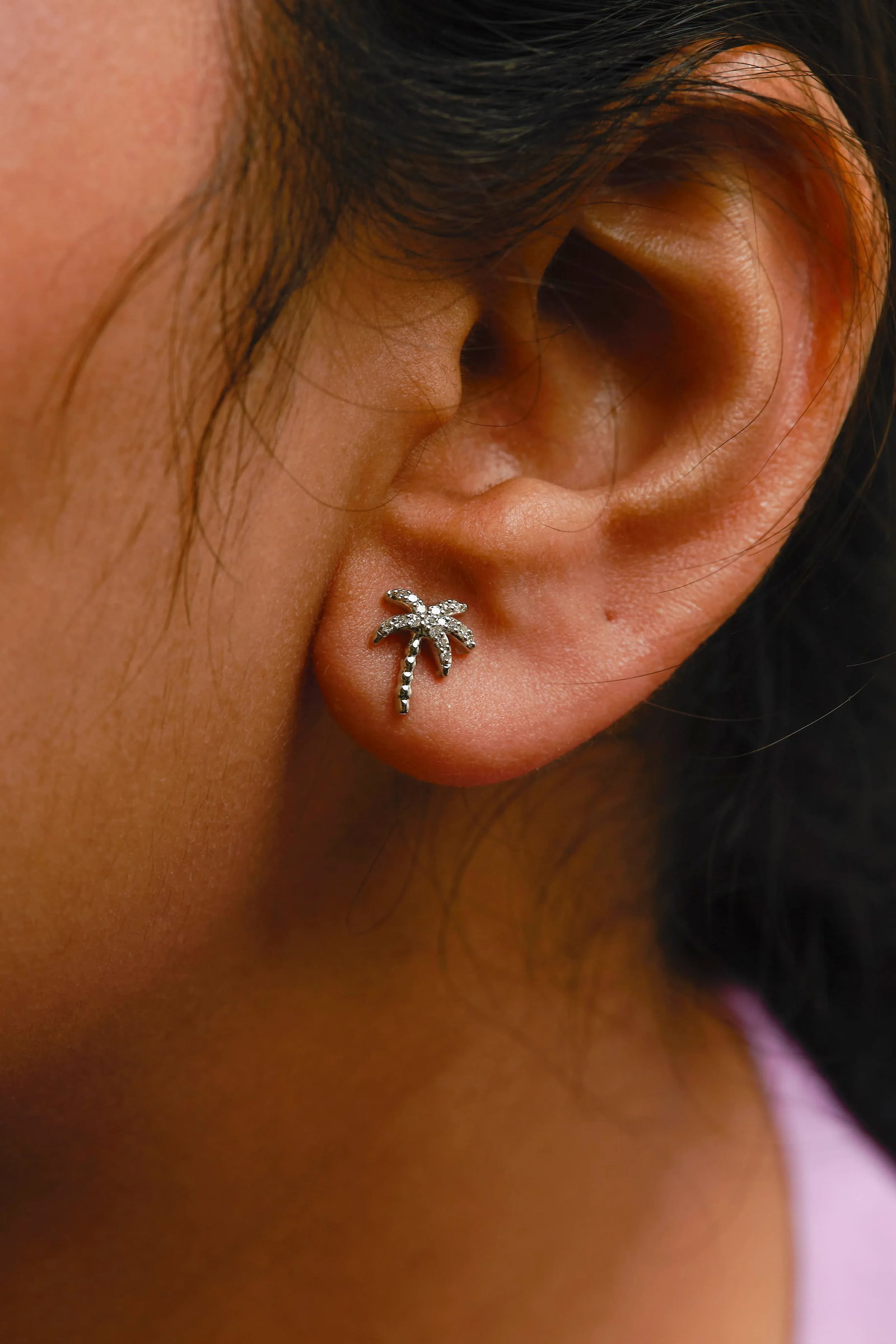 10K White Gold 1/10 Cttw Diamond Encrusted Palm Tree Stud Earrings (H-I Color, I1-I2 Clarity) - 4