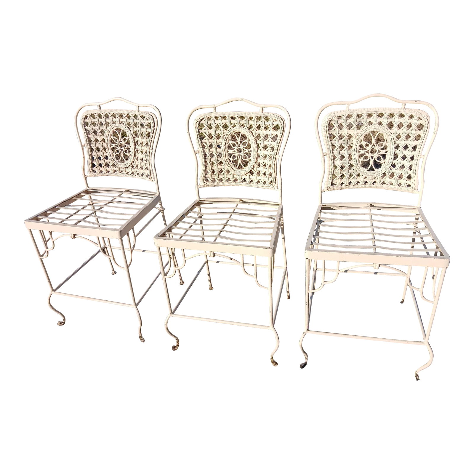 1950s Rattan and Iron Bar Stools or Counter Chairs - Set of 3: Substantial and beautifully elaborate rattan and iron bar stools or counter chairs. These are in gorgeous condition, as they were made in the 1950s. They have been painted however, so do not have