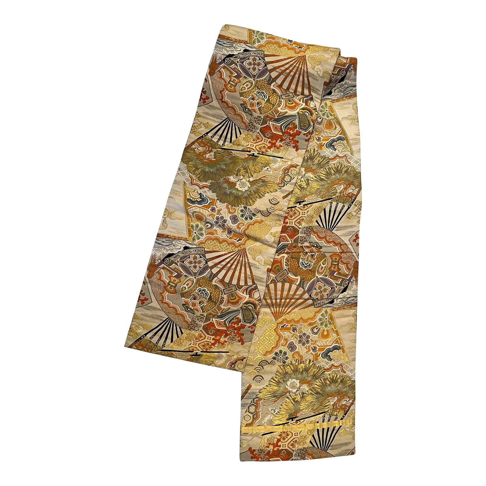 Early 20th Century Japanese Maru Obi With Fan Designs: This Japanese brocade obi is an elaborately woven sash worn with the traditional obi. It is known for its luxurious texture and intricate patterns. The material in this obi is silk brocade, and the