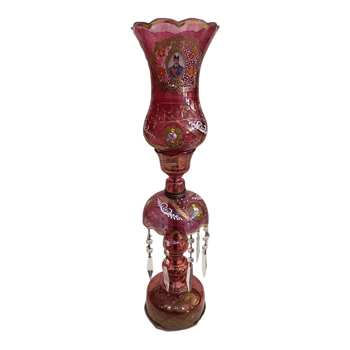 Vintage Persian Naser. Al-Din Shah Kajar Red Jeweled Bohemian Style Luster Lamp: 20th century Persian red bohemian style luster lamp Crystal drop that hangs from the cut glass center rim. Ardoned with Persian motifs Condition: Alterations: Unknown Imperfections: Some