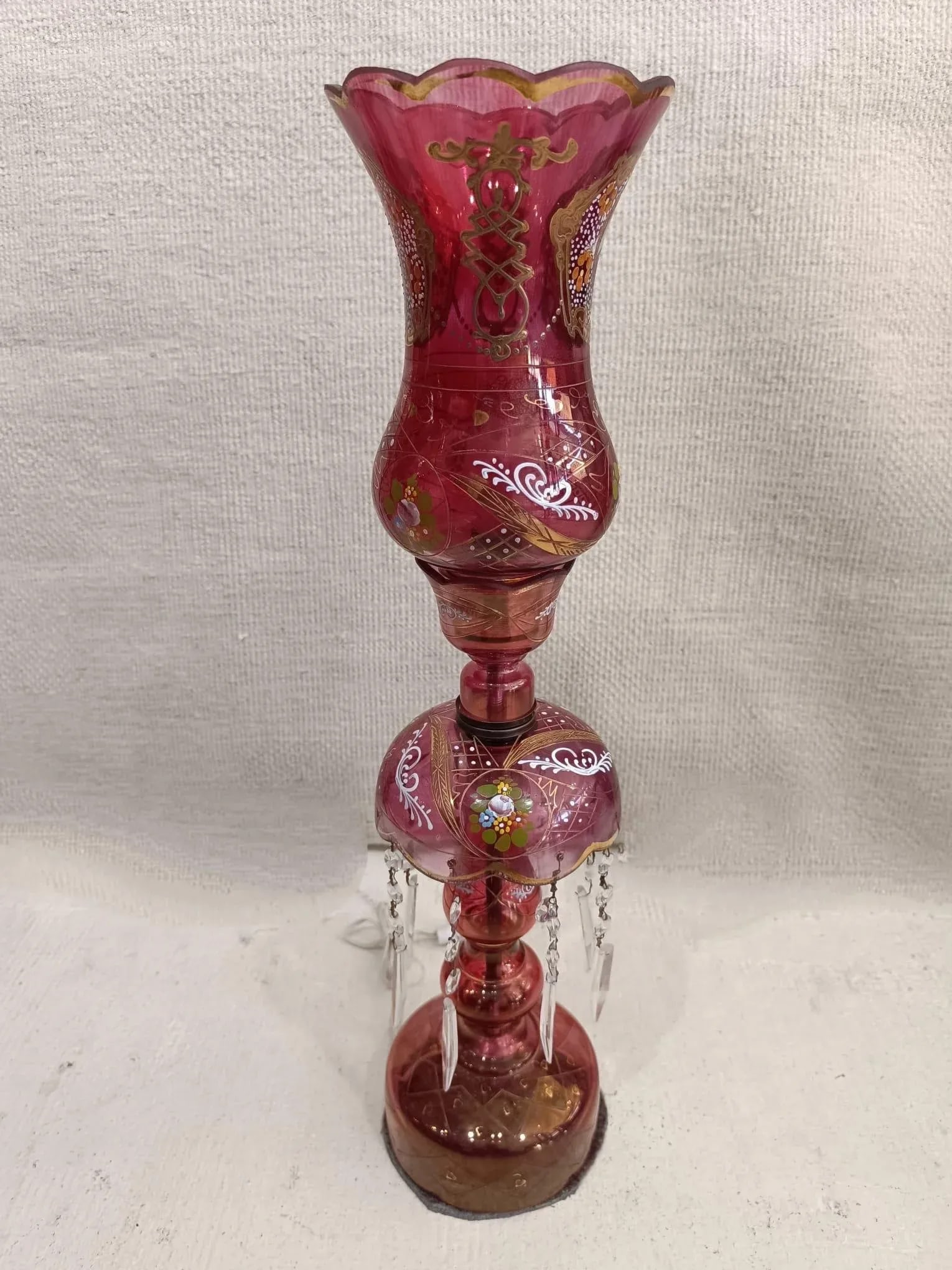 Vintage Persian Naser. Al-Din Shah Kajar Red Jeweled Bohemian Style Luster Lamp - 2