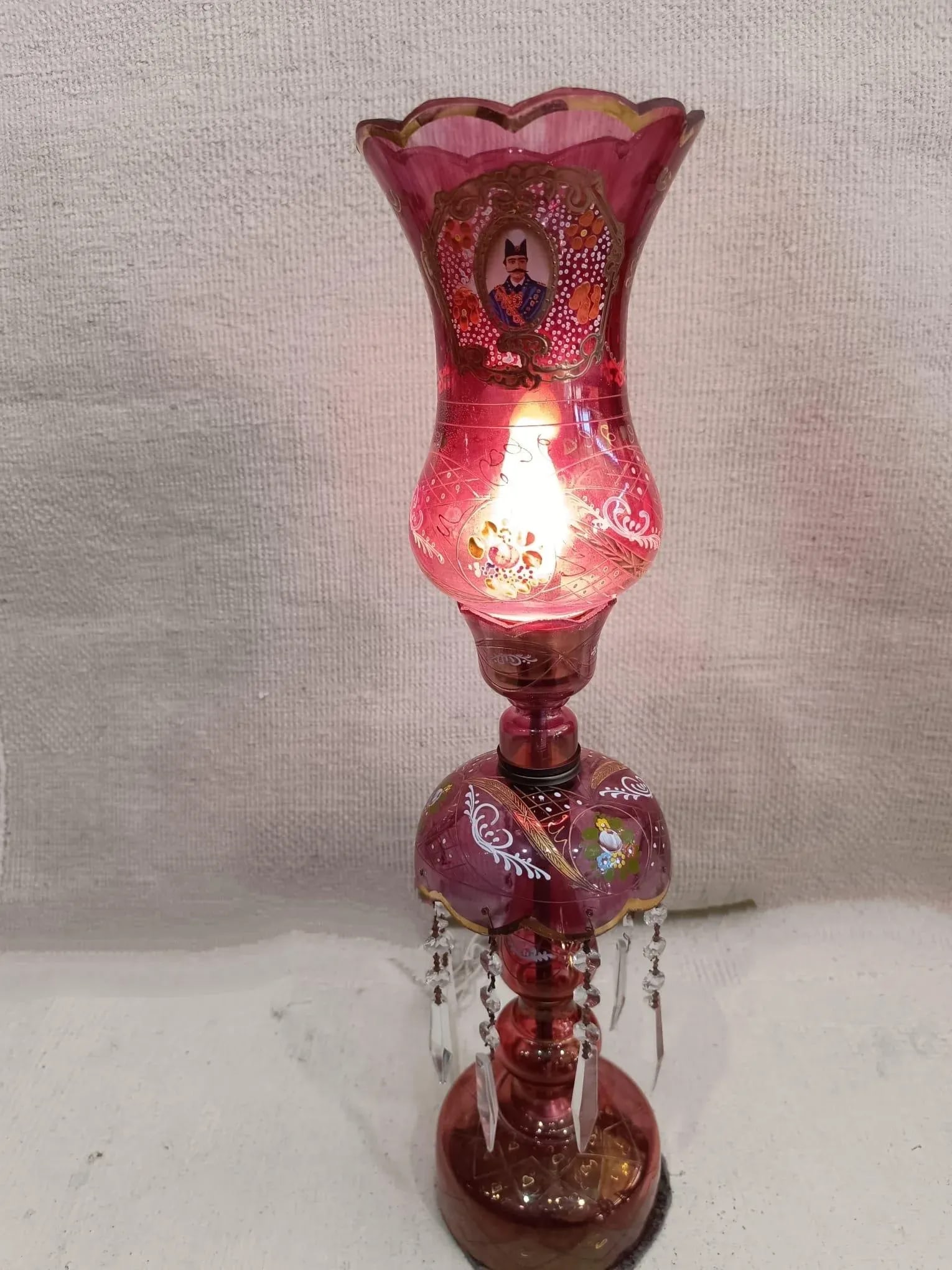 Vintage Persian Naser. Al-Din Shah Kajar Red Jeweled Bohemian Style Luster Lamp - 5