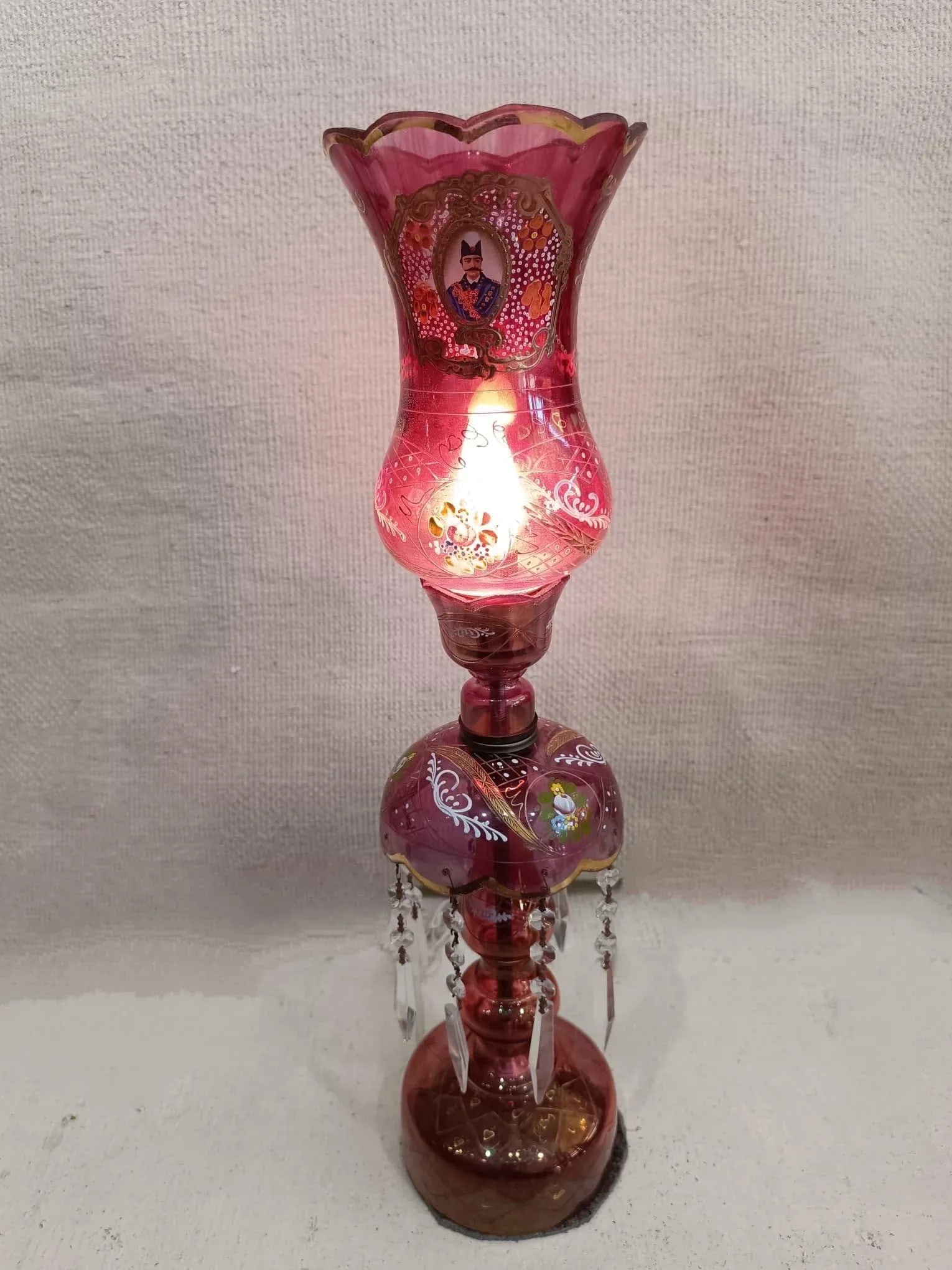 Vintage Persian Naser. Al-Din Shah Kajar Red Jeweled Bohemian Style Luster Lamp - 8