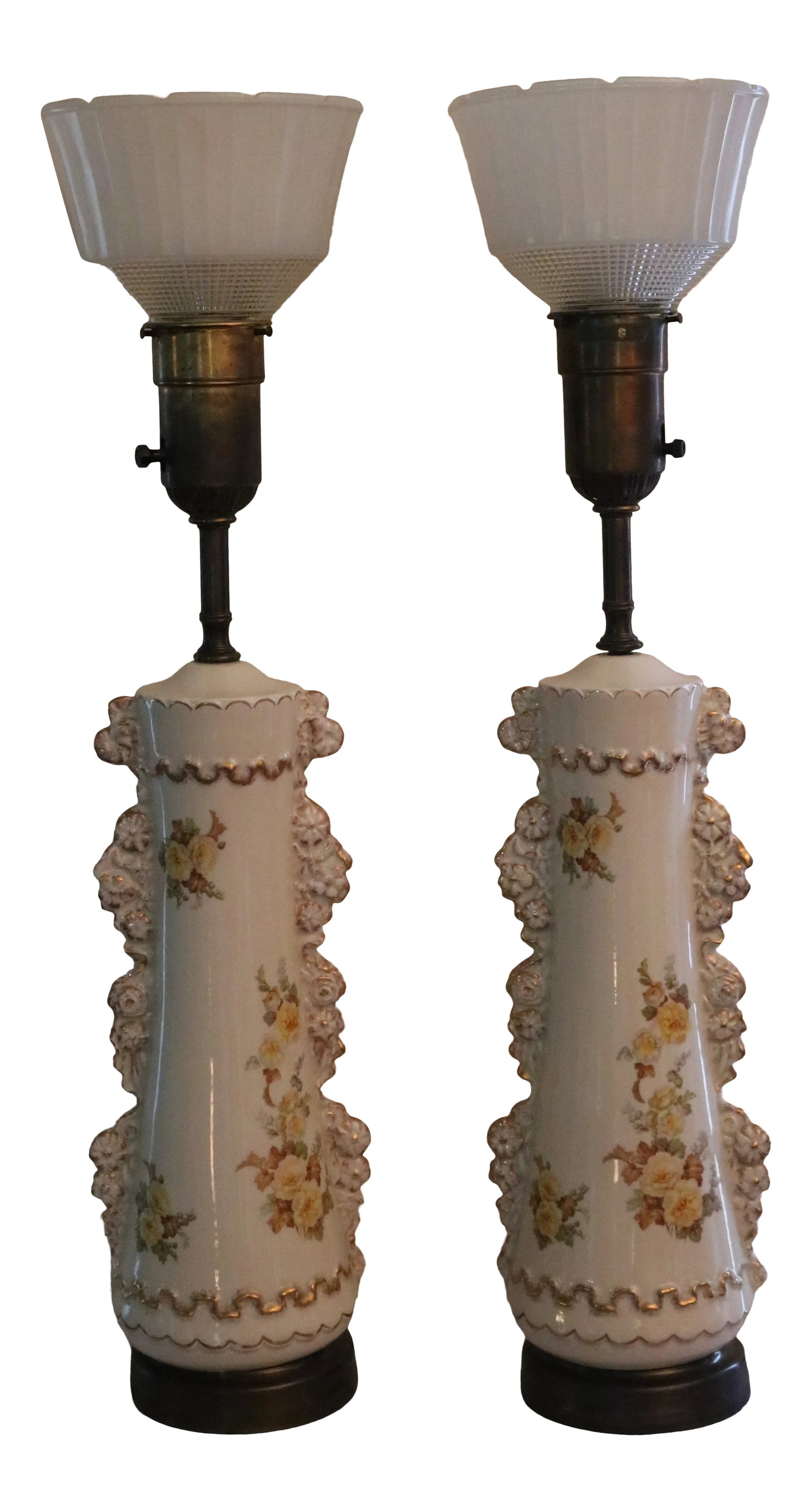 1930s Rembrandt Art Deco White Floral Porcelain Table Lamps - A Pair: These are ~Circa 1920's or 1930's and are in outstanding condition - no chips, cracks or smudges of any kind. These torchiere lamps are tall, measuring about 29 inches to the top of the lamp not